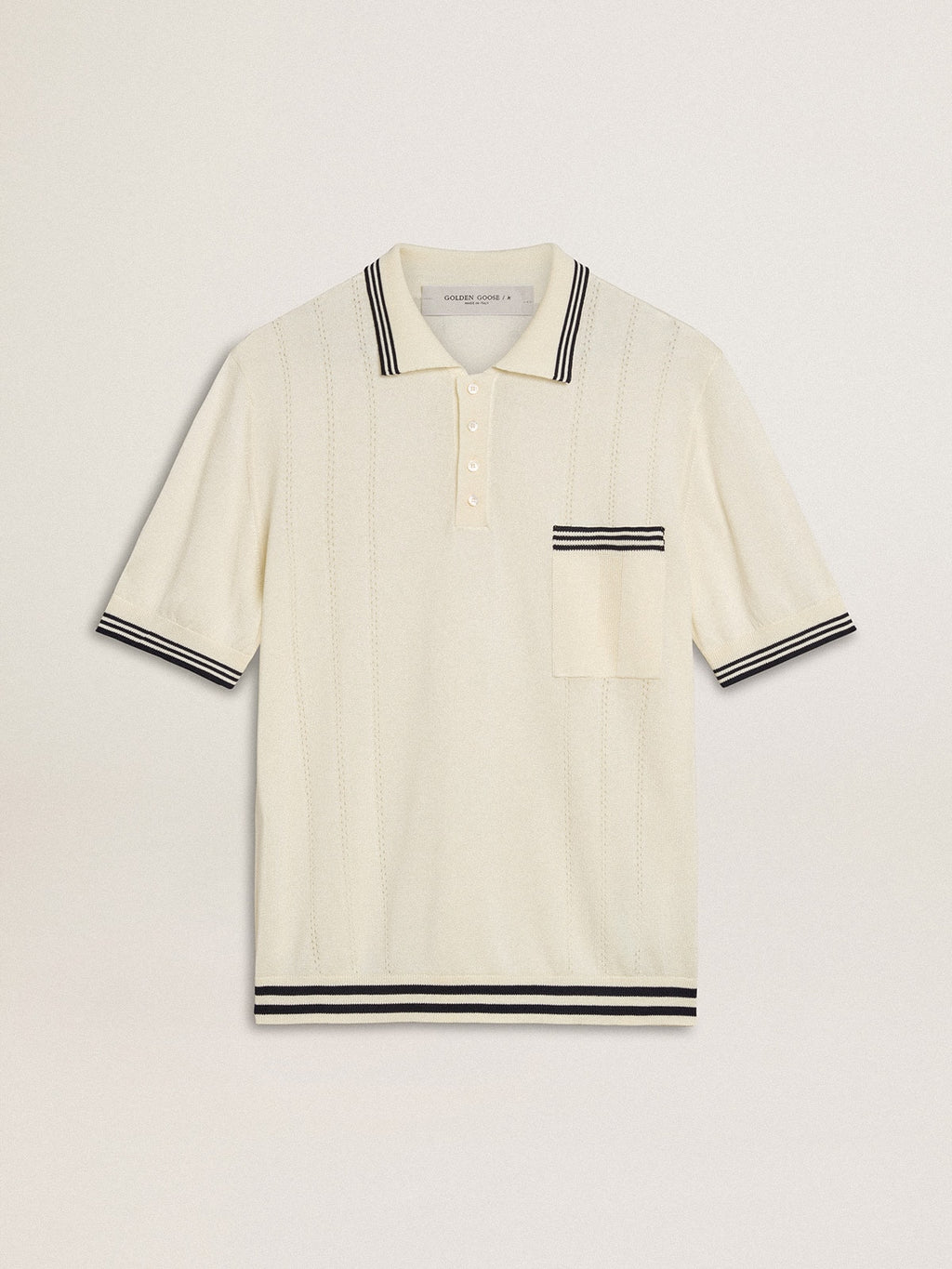 Men's worn-white knitted polo shirt with blue ribbing| Golden Goose