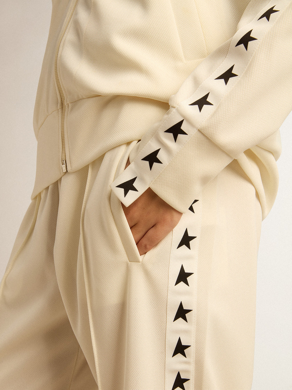 Women's white zipped sweatshirt with white strip and black stars| Golden Goose