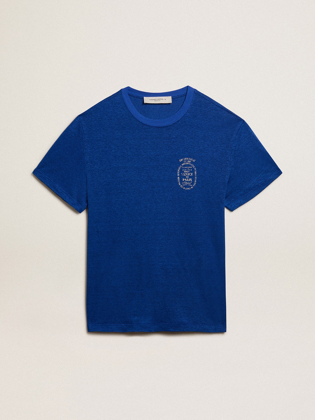 Men's blue-colored linen T-shirt with print on the chest| Golden Goose