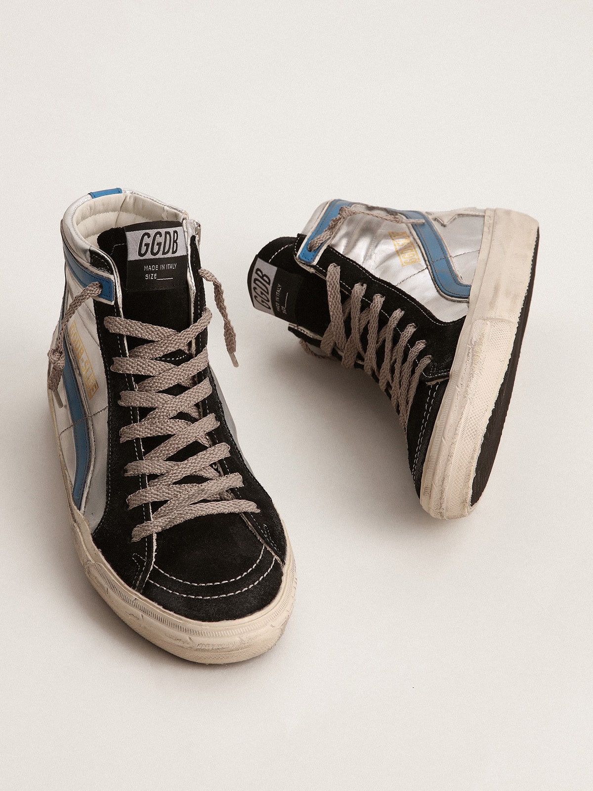 Slide in silver metallic leather with white leather star| Golden Goose