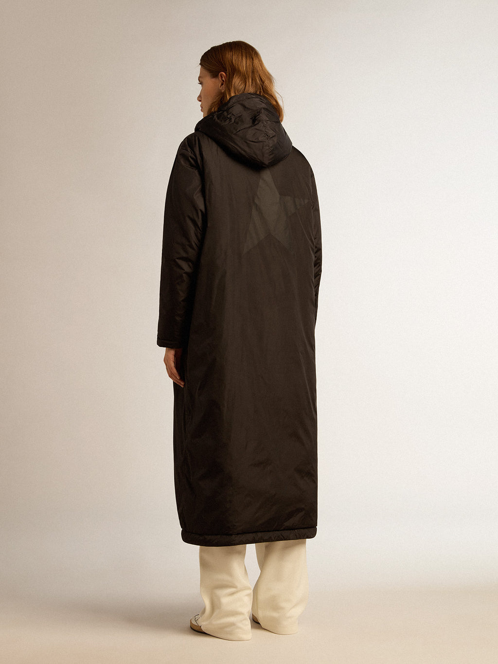 Women's black ankle-length padded jacket with hood| Golden Goose