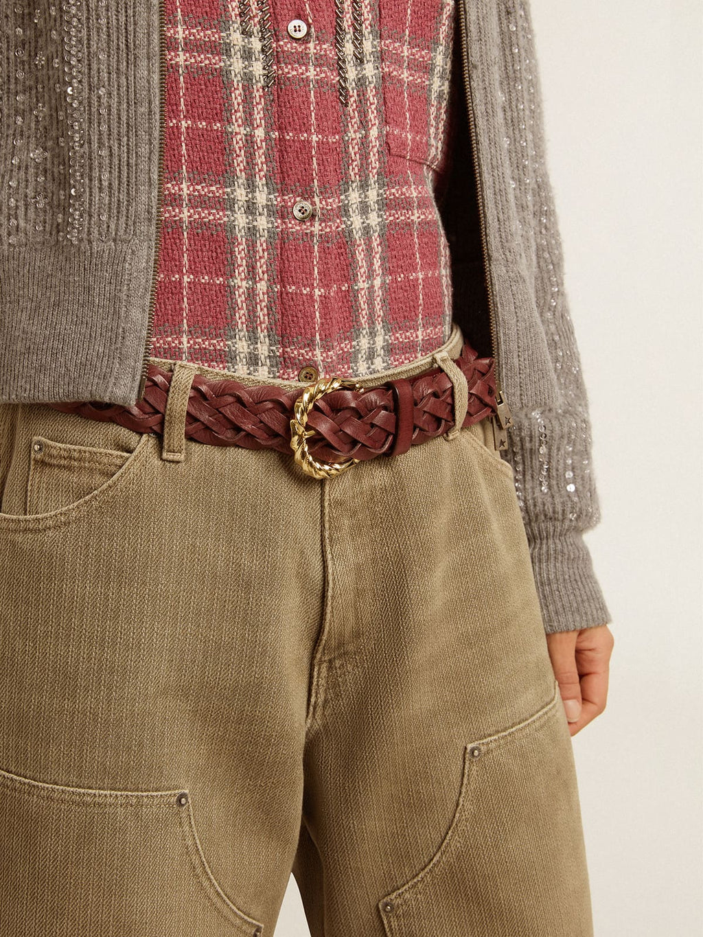 Women's burgundy woven leather belt| Golden Goose