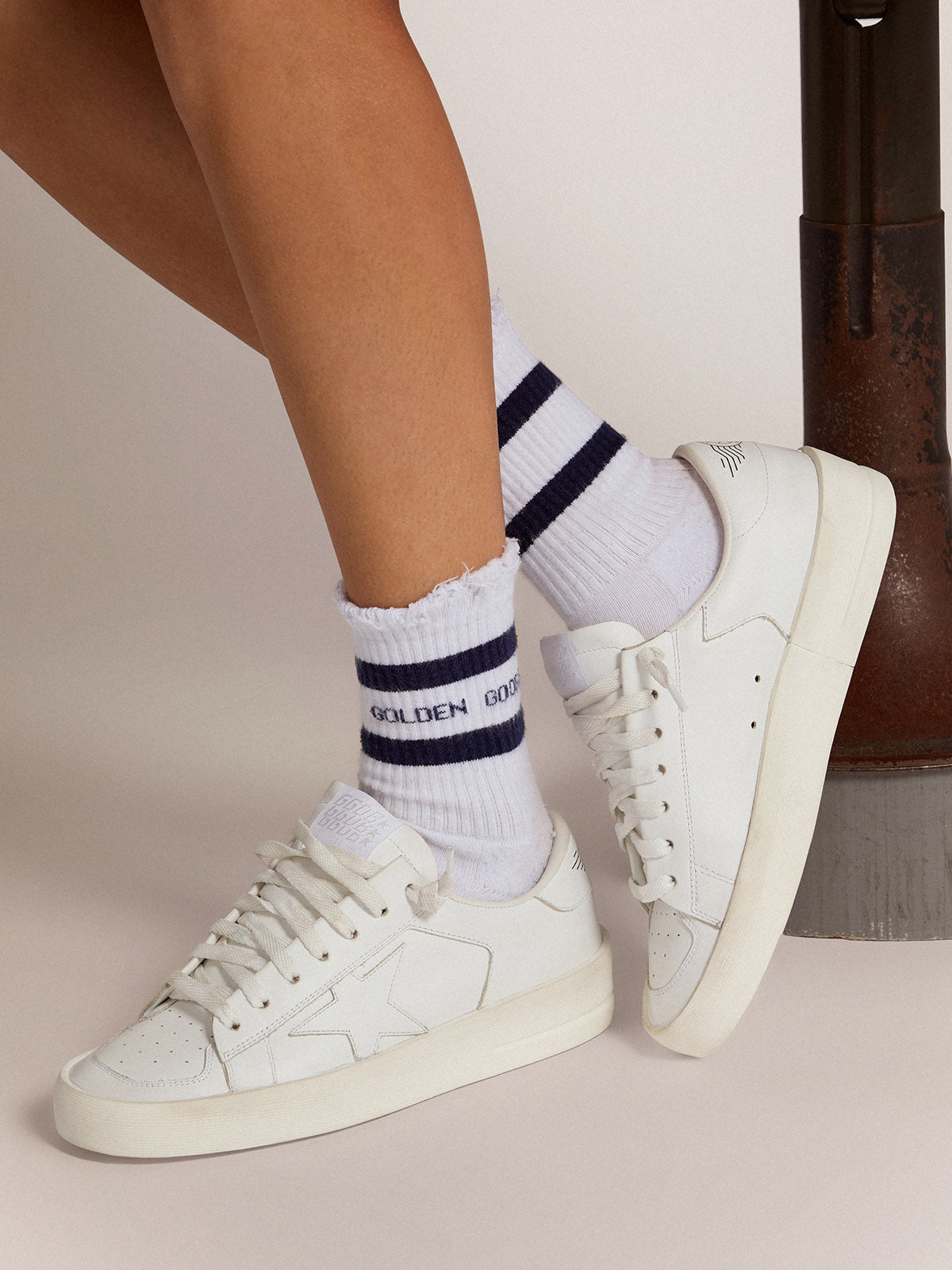 Cotton socks with distressed finishes, blue stripes and logo| Golden Goose