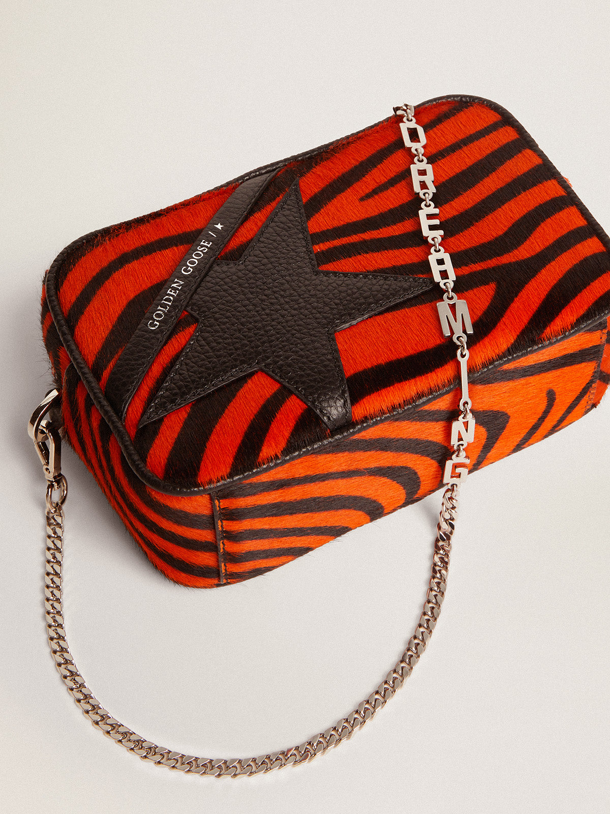 Women's Mini Star Bag in orange tiger print pony skin with black star| Golden Goose