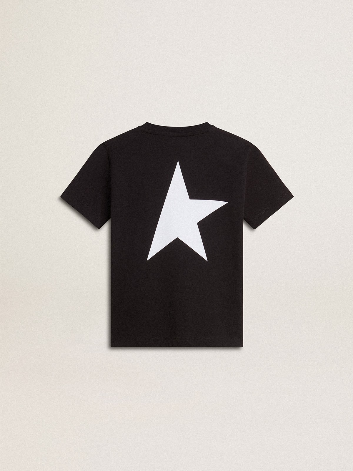 Black T-shirt with contrasting white logo on the front and maxi star on the back| Golden Goose