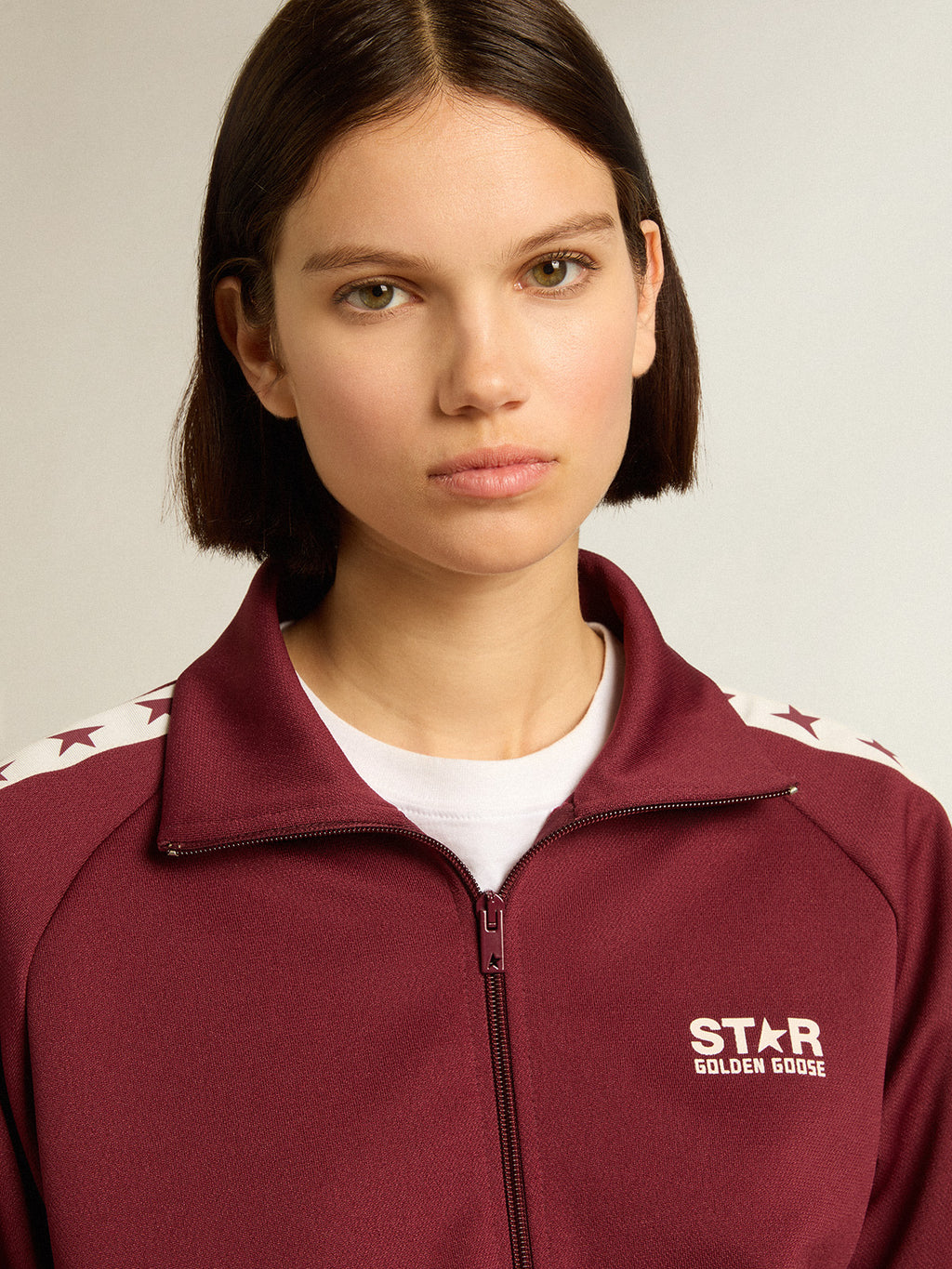 Women's burgundy zipped sweatshirt with white strip and contrasting stars| Golden Goose