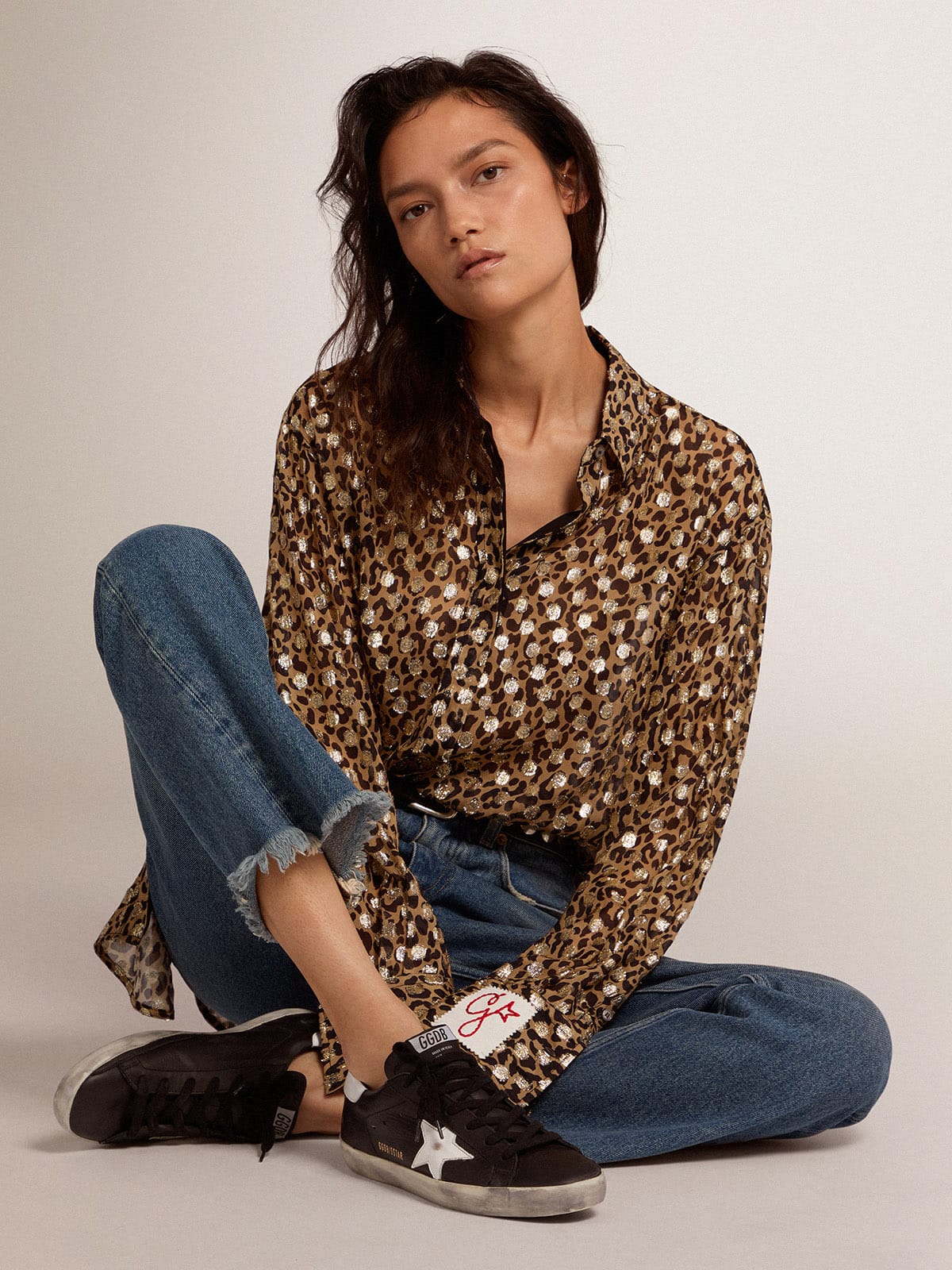 Women's Super-Star in black leather with white leather star and heel tab| Golden Goose