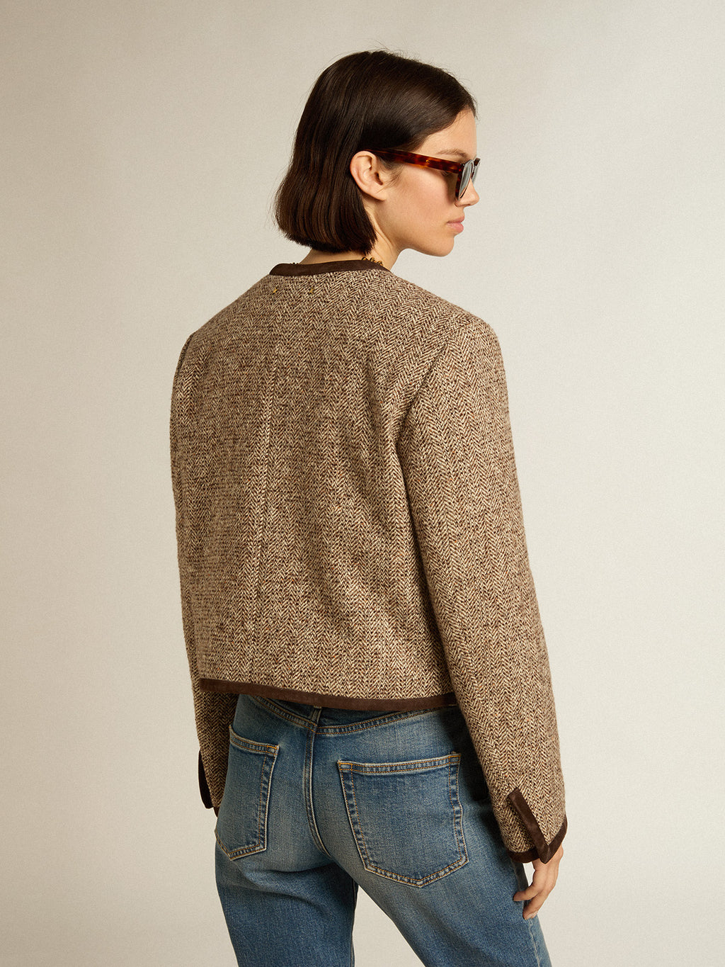 Brown cropped jacket with button fastening| Golden Goose