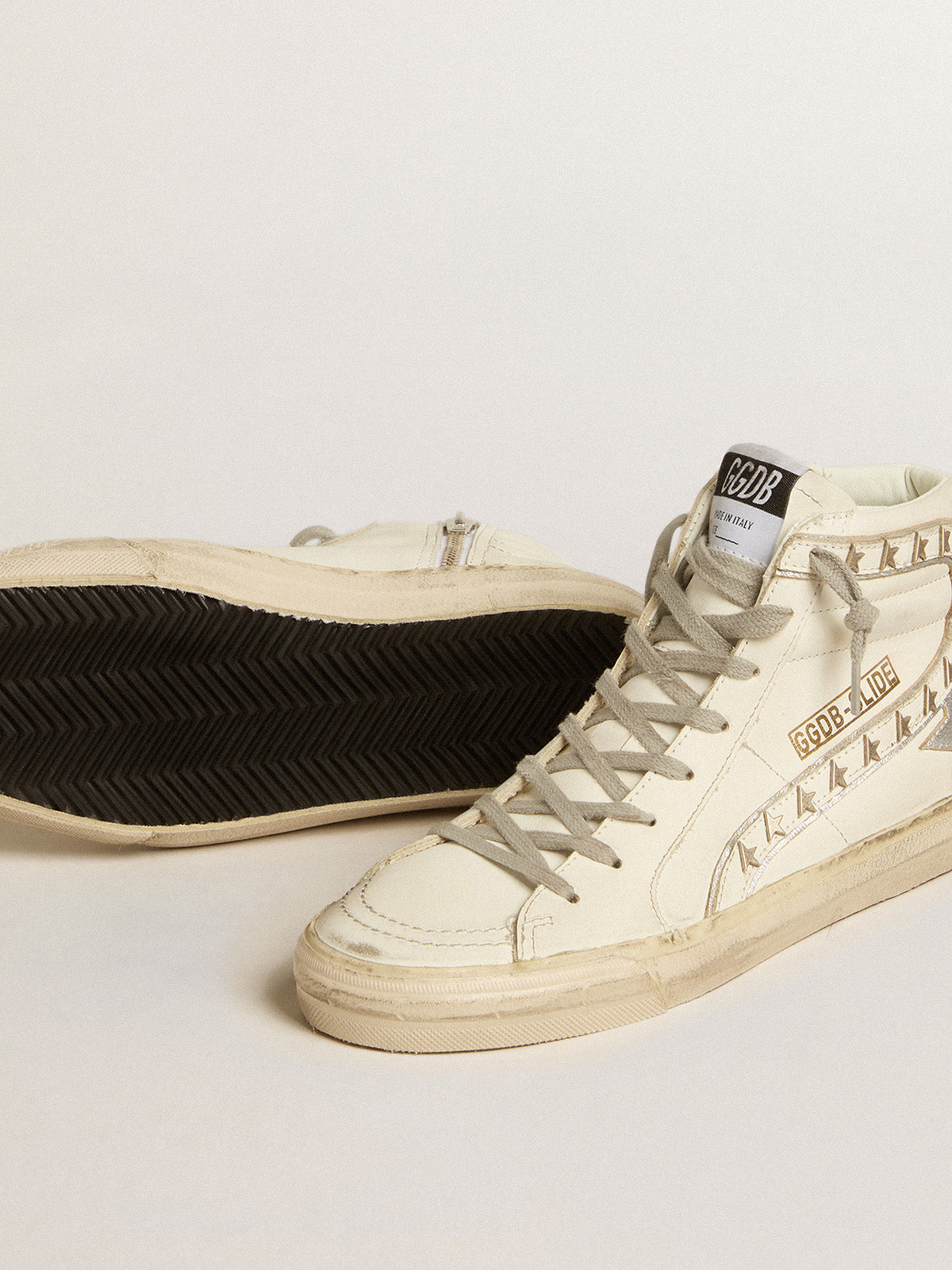 Slide with silver metallic leather star and leather flash with stars| Golden Goose