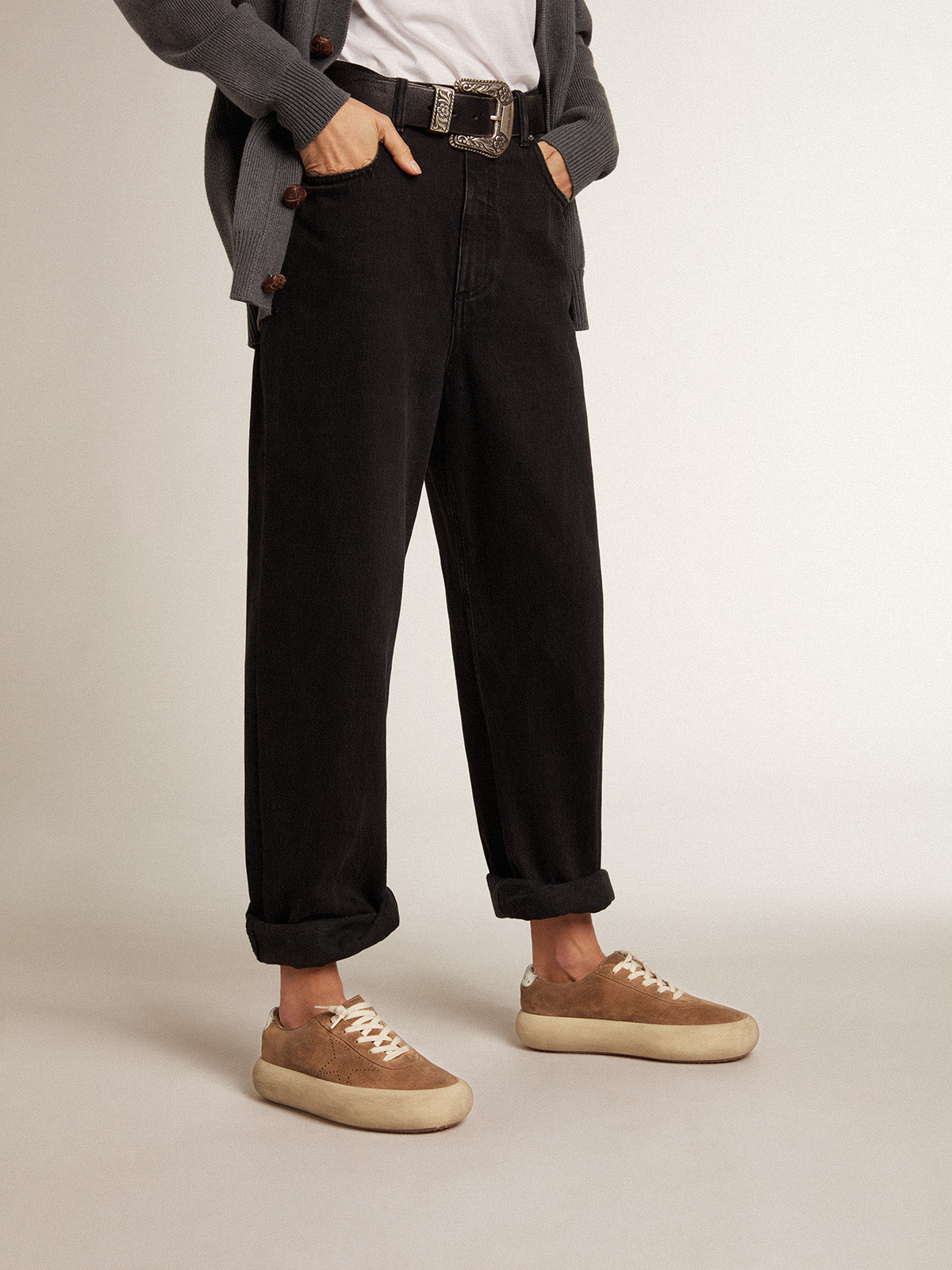 Women's Space-Star in tobacco-colored suede with perforated star| Golden Goose