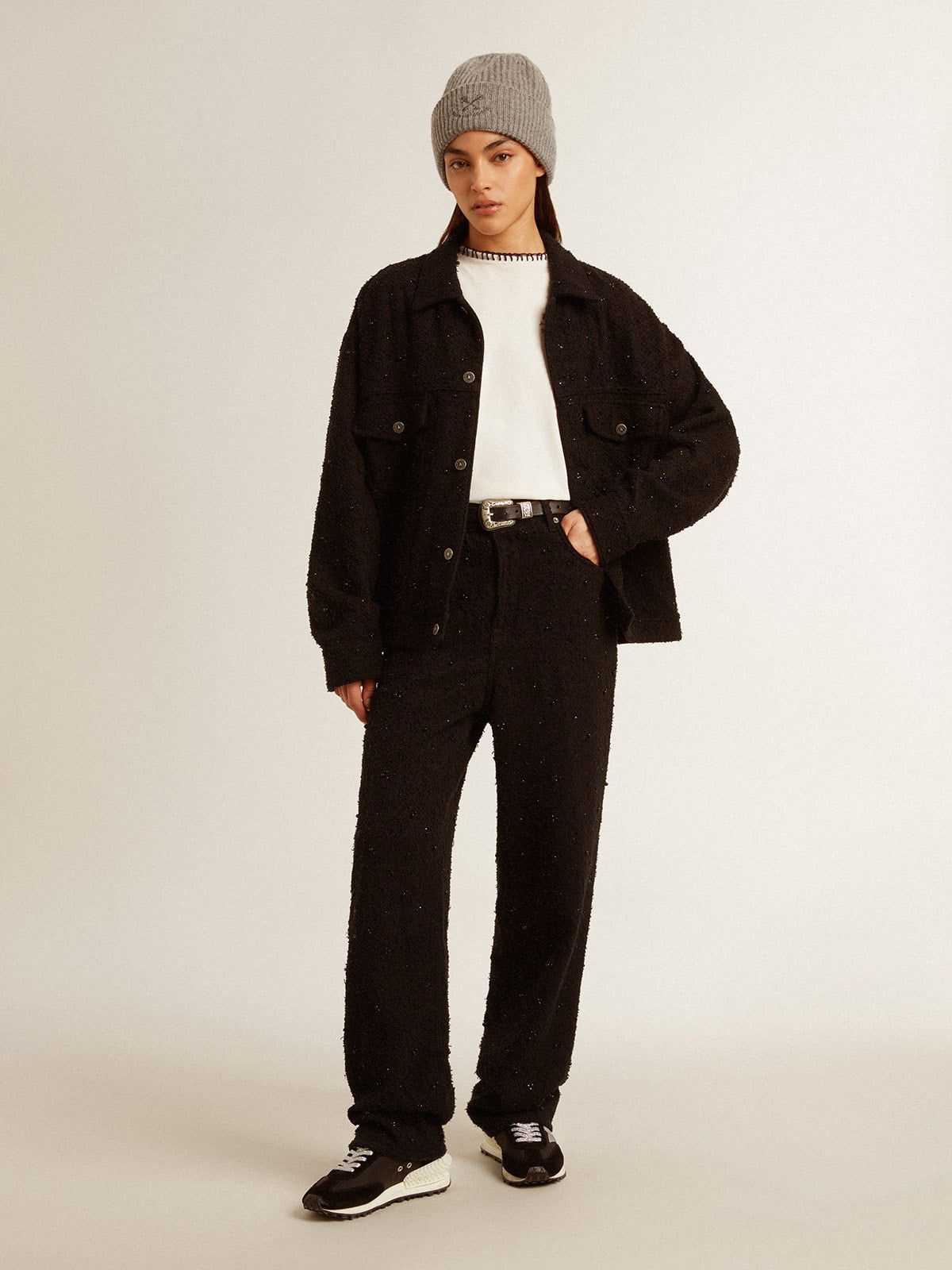 Women's black denim jacket with embroidery
