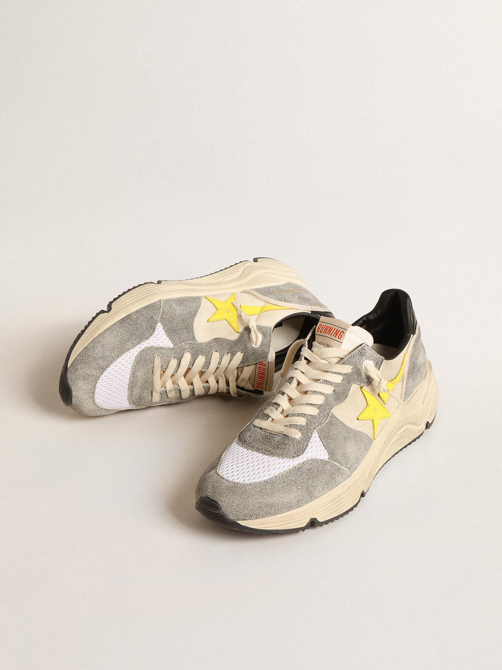 Running Sole in beige nylon and gray suede with yellow star| Golden Goose