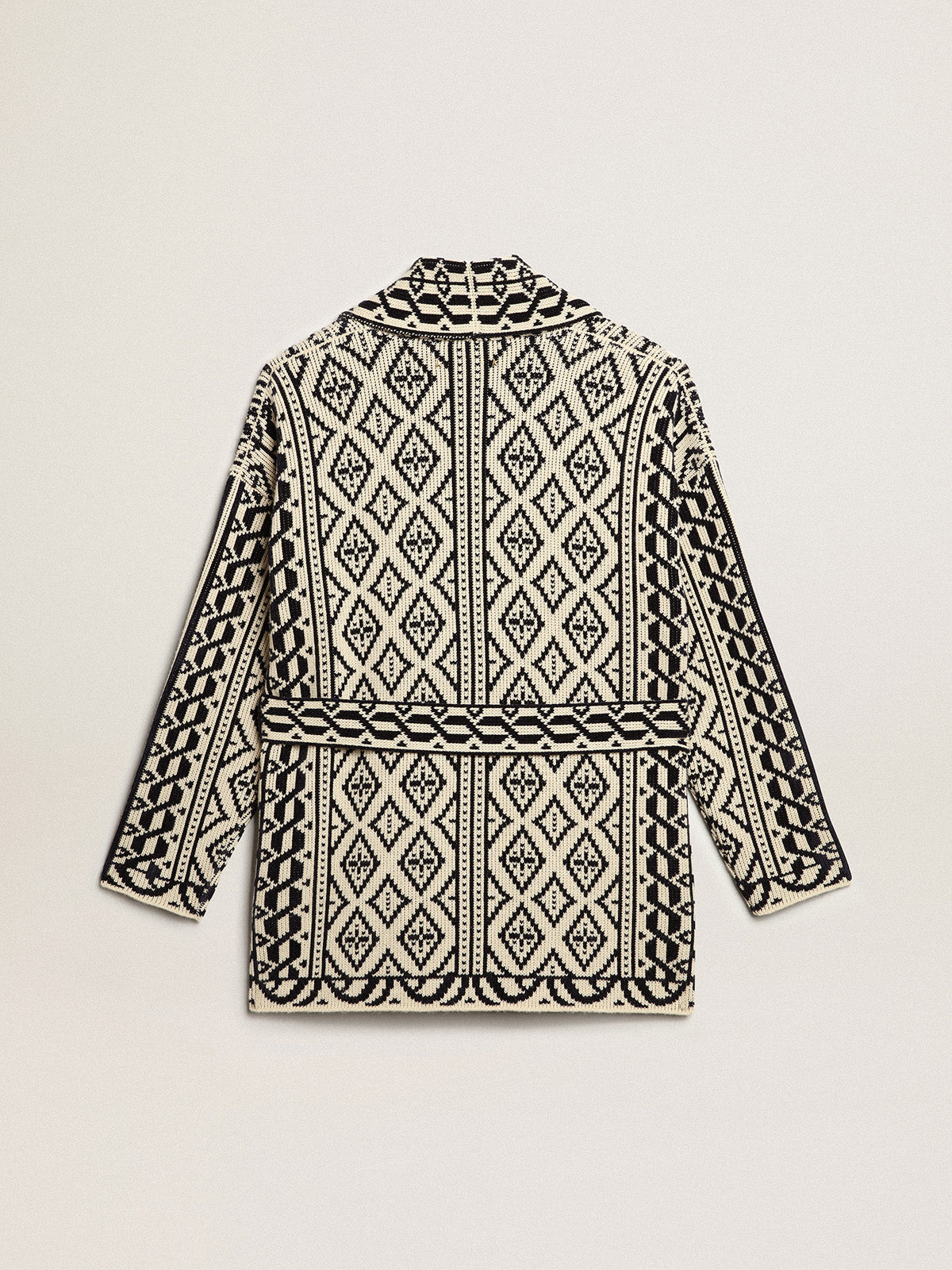Cardigan in papyrus-colored wool with jacquard motif and crystals| Golden Goose