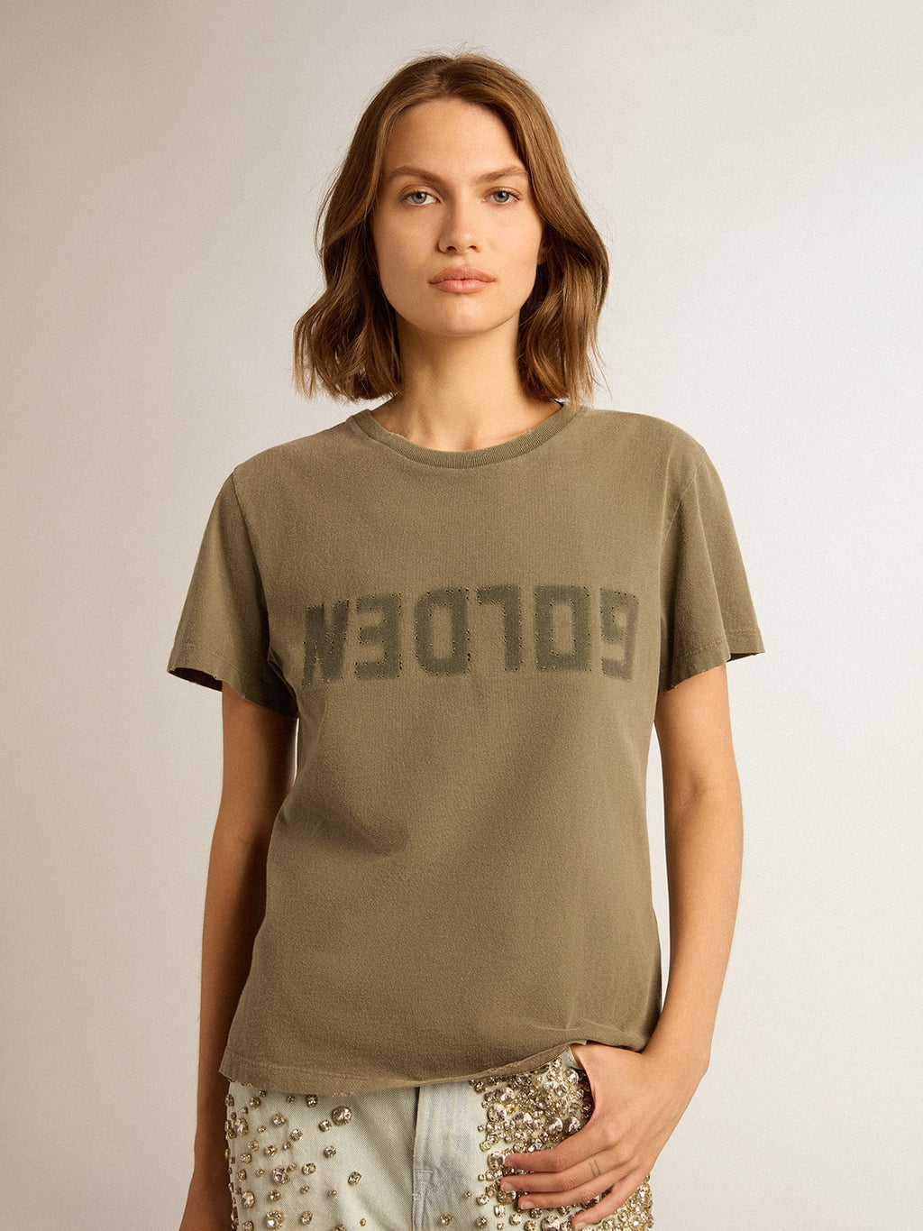 Women's olive green T-shirt with Golden lettering| Golden Goose