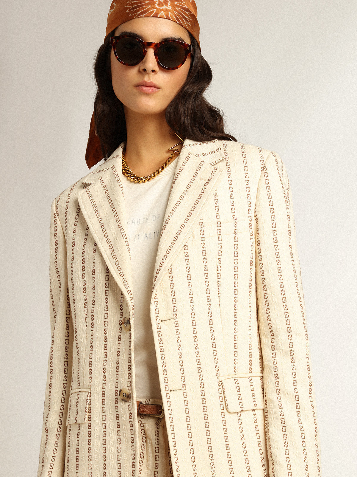 Single-breasted cream cotton blazer with jacquard motif| Golden Goose