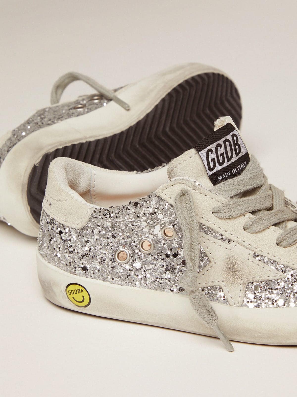 Junior Super-Star with silver glitter and suede details| Golden Goose
