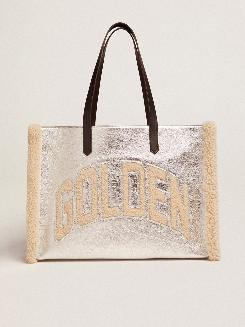 Women's California Bag East-West in silver leather and wool inserts| Golden Goose
