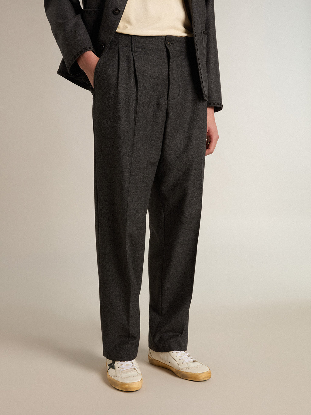Pants in dark gray wool flannel| Golden Goose