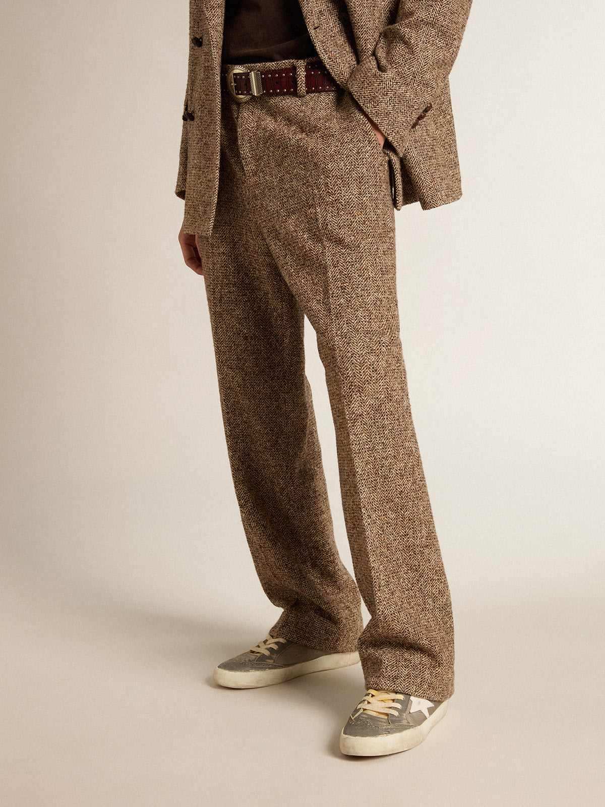 Men's pants in beige and brown wool and silk blend fabric| Golden Goose