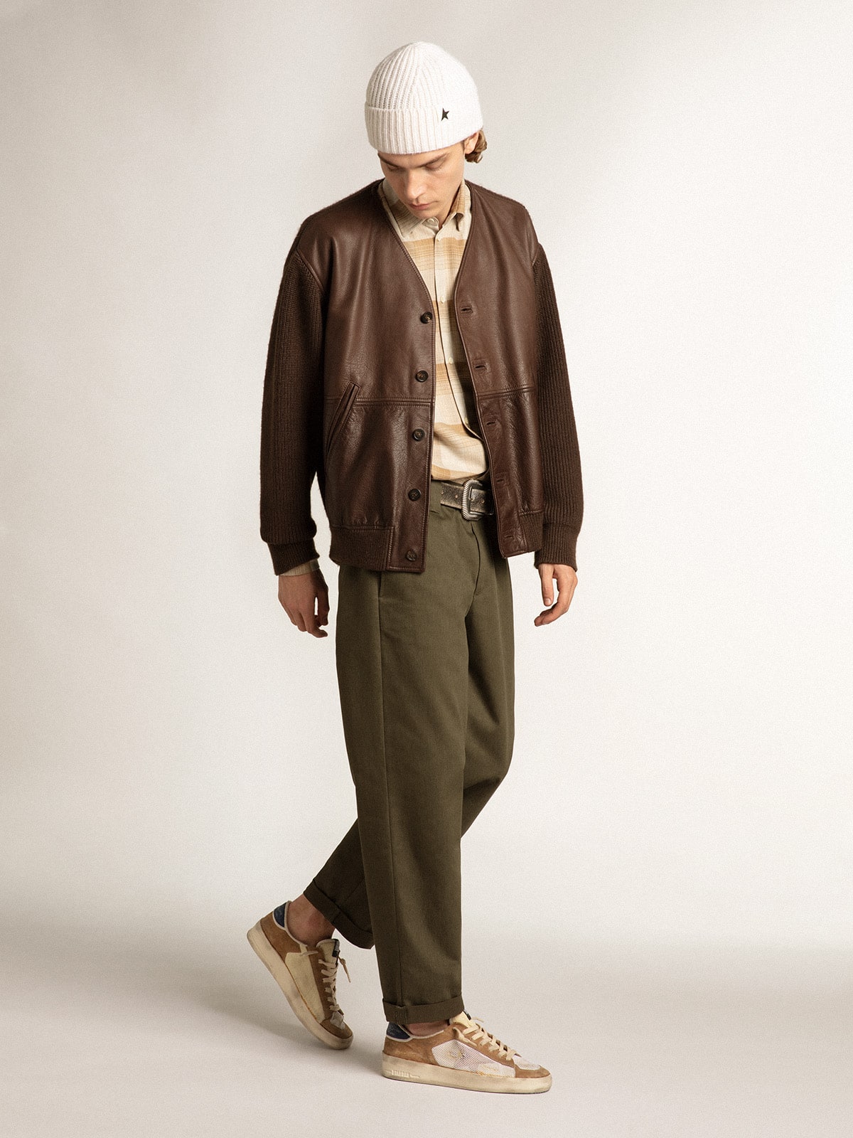 Stardan in beige nylon and mesh with tobacco suede inserts| Golden Goose