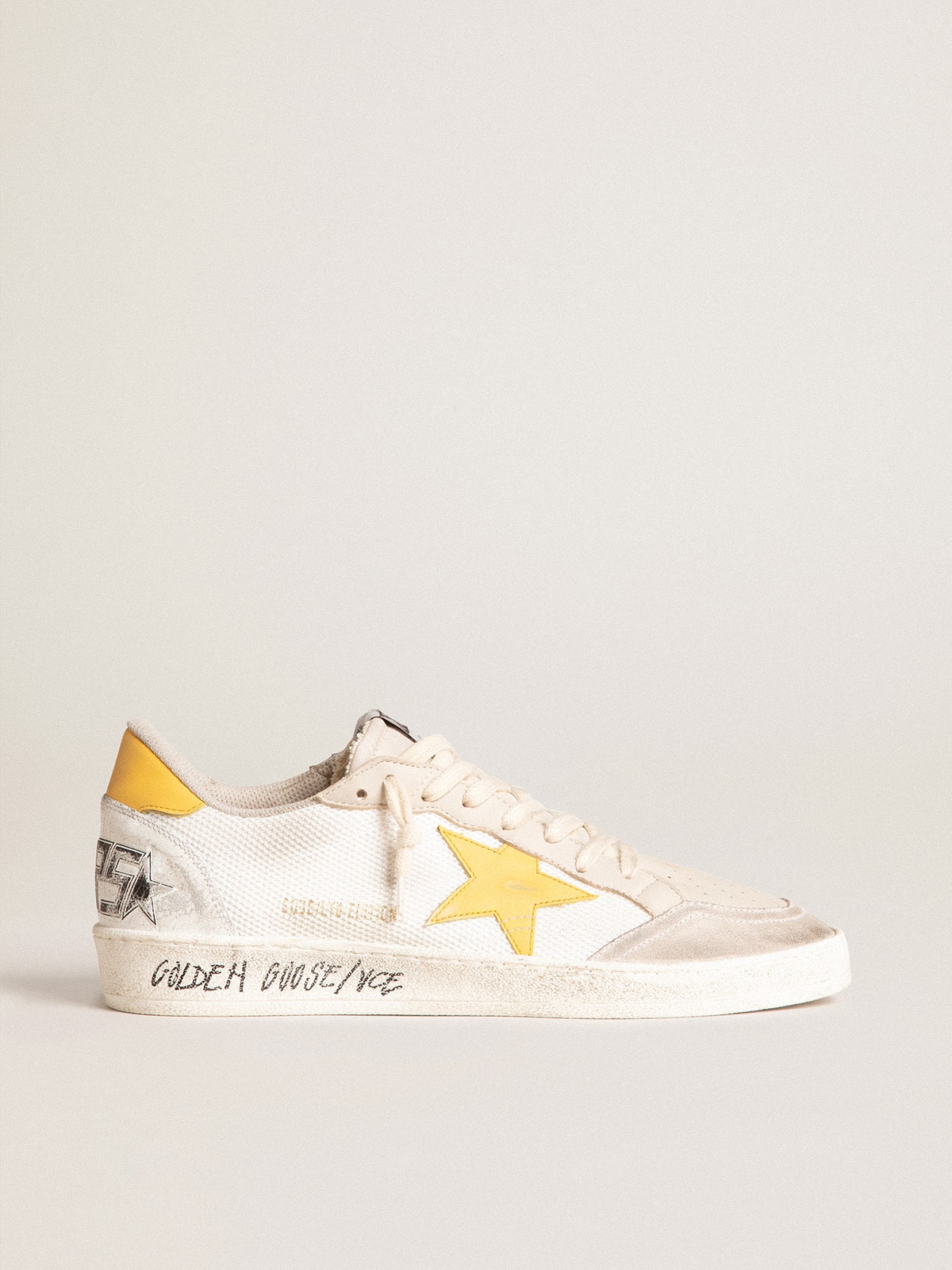 Ball Star LTD in white mesh with yellow leather star and heel tab| Golden Goose