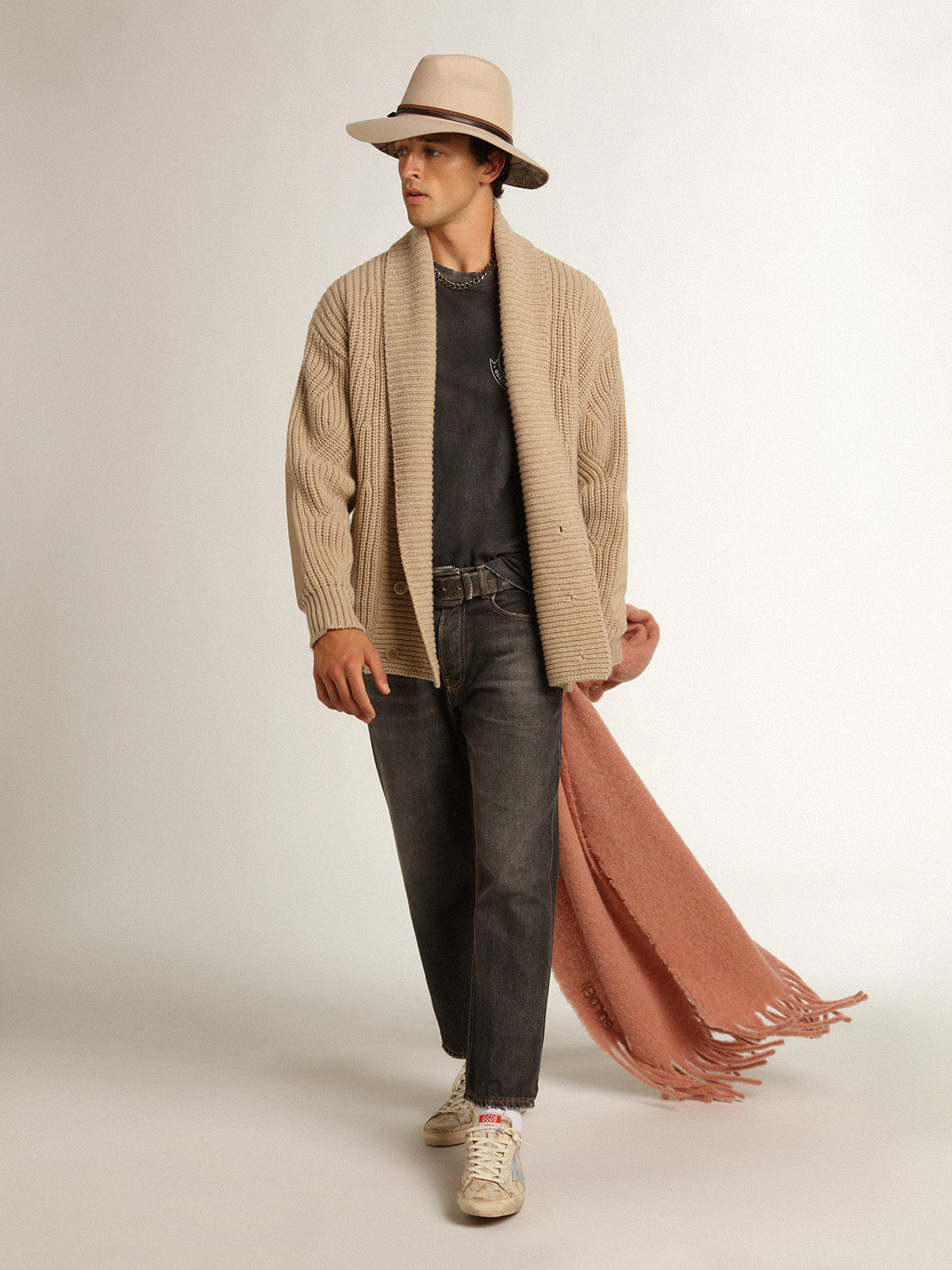 Men's gray T-shirt with aged effect with print on the front| Golden Goose