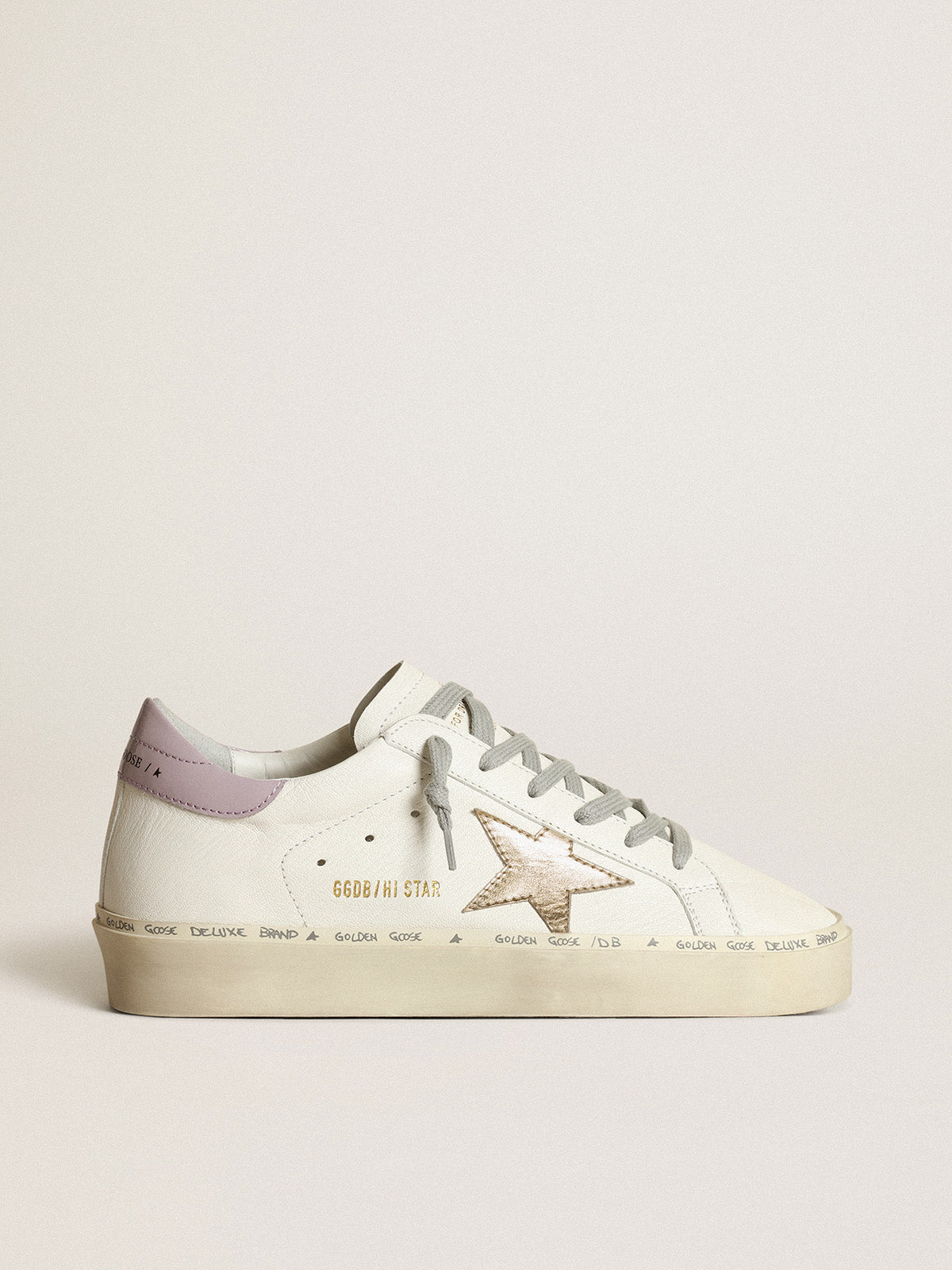White Hi Star with a gold star and lilac naplak heel tab| Golden Goose