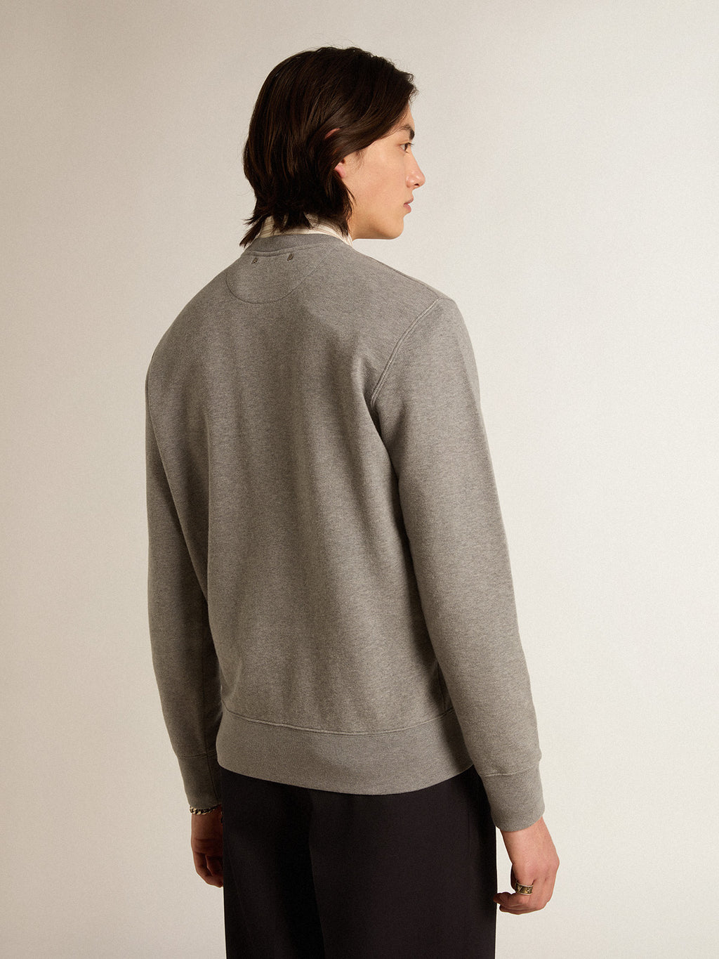 Gray melange cotton sweatshirt with embroidered lettering| Golden Goose