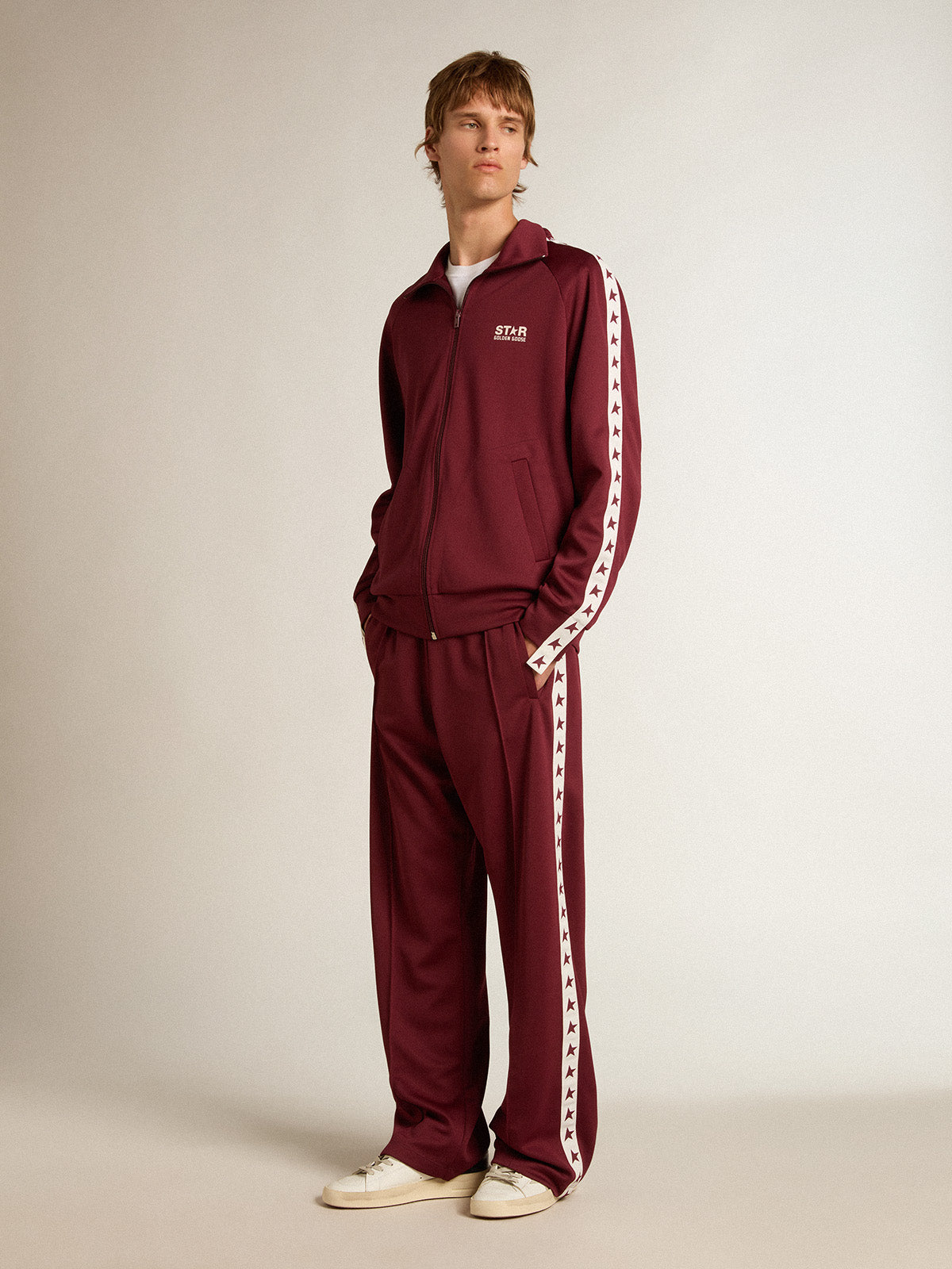 Men's burgundy zipped sweatshirt with white strip and contrasting stars| Golden Goose