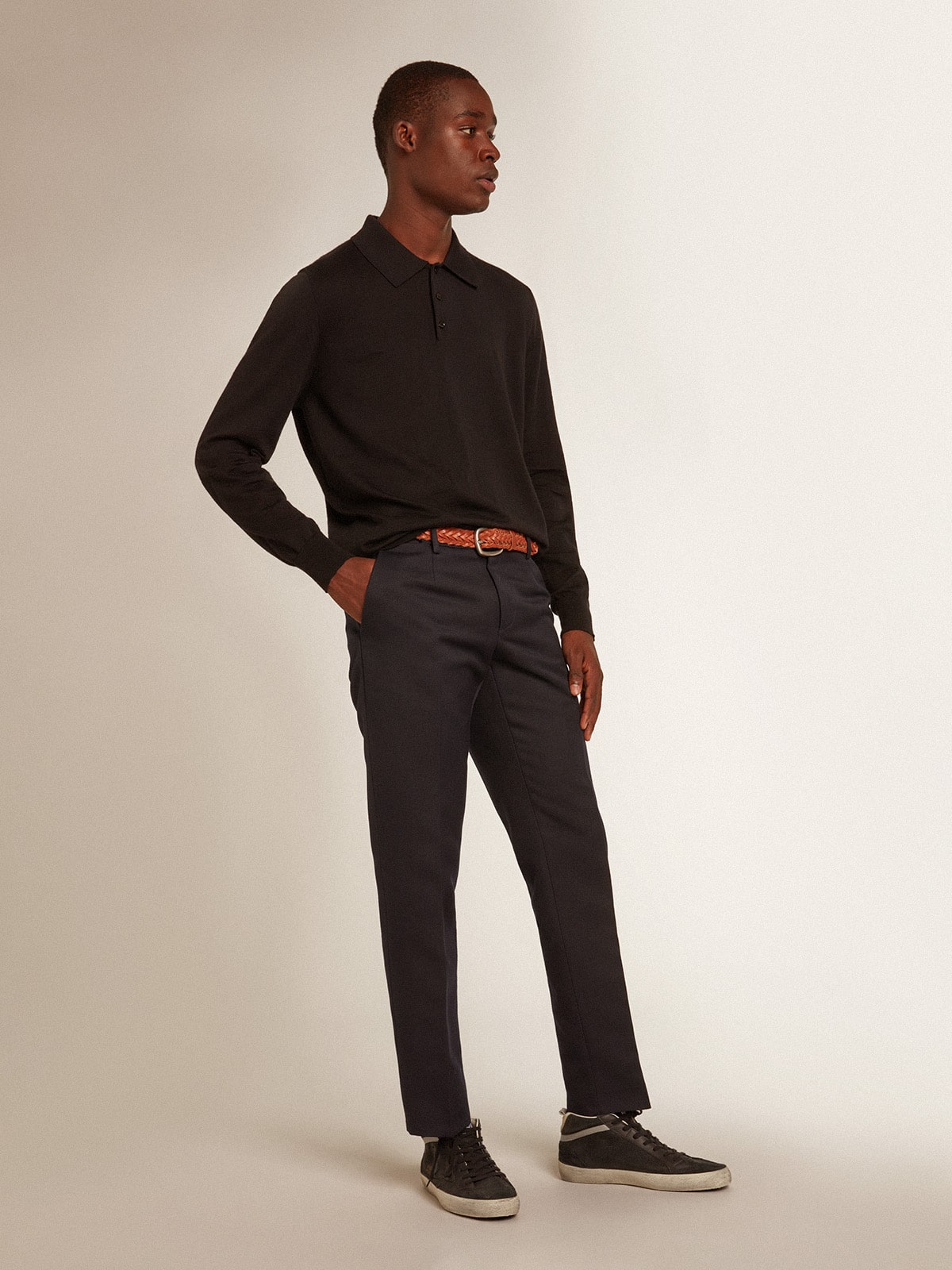 Men's long-sleeved polo shirt in black merino wool| Golden Goose