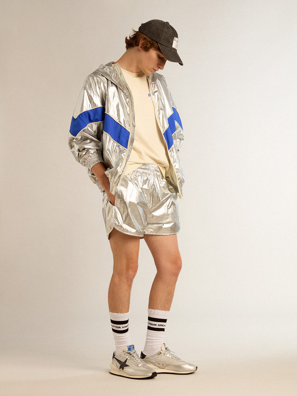 Men's running shorts in silver fabric| Golden Goose