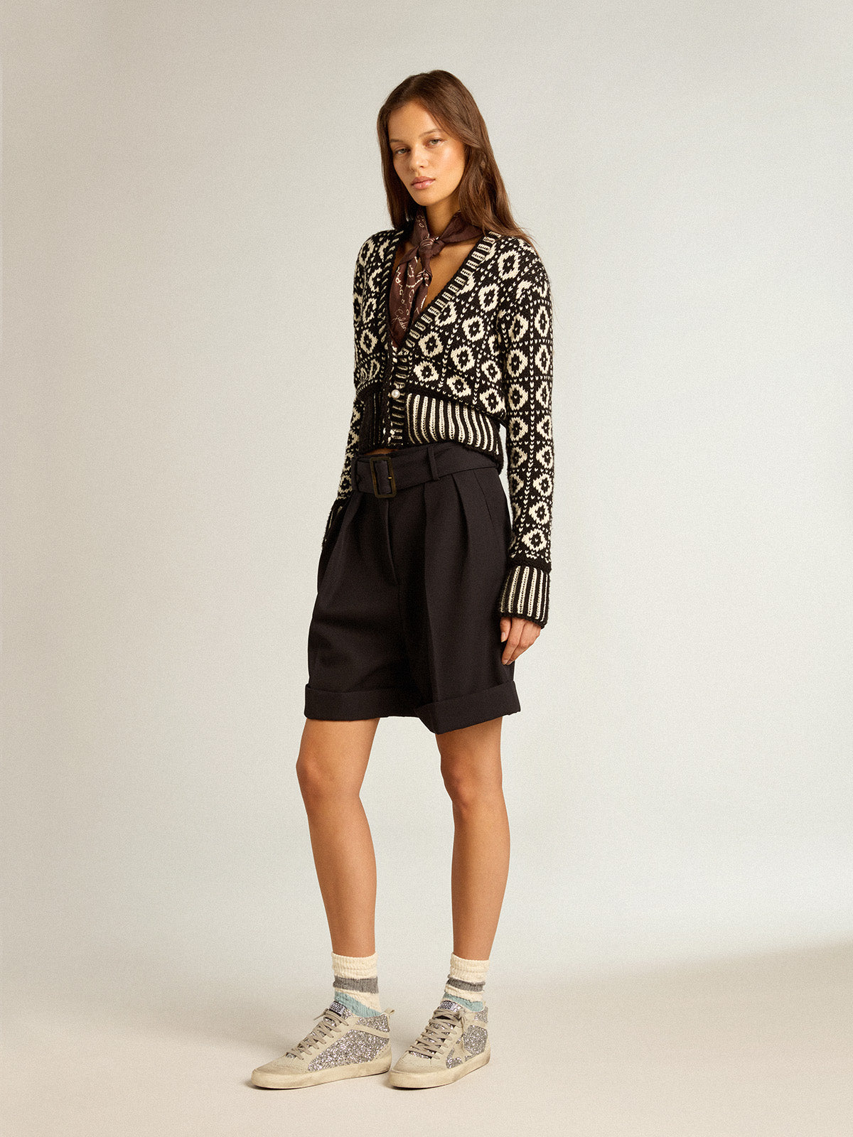 Cropped cardigan with geometric design in vintage white and black| Golden Goose