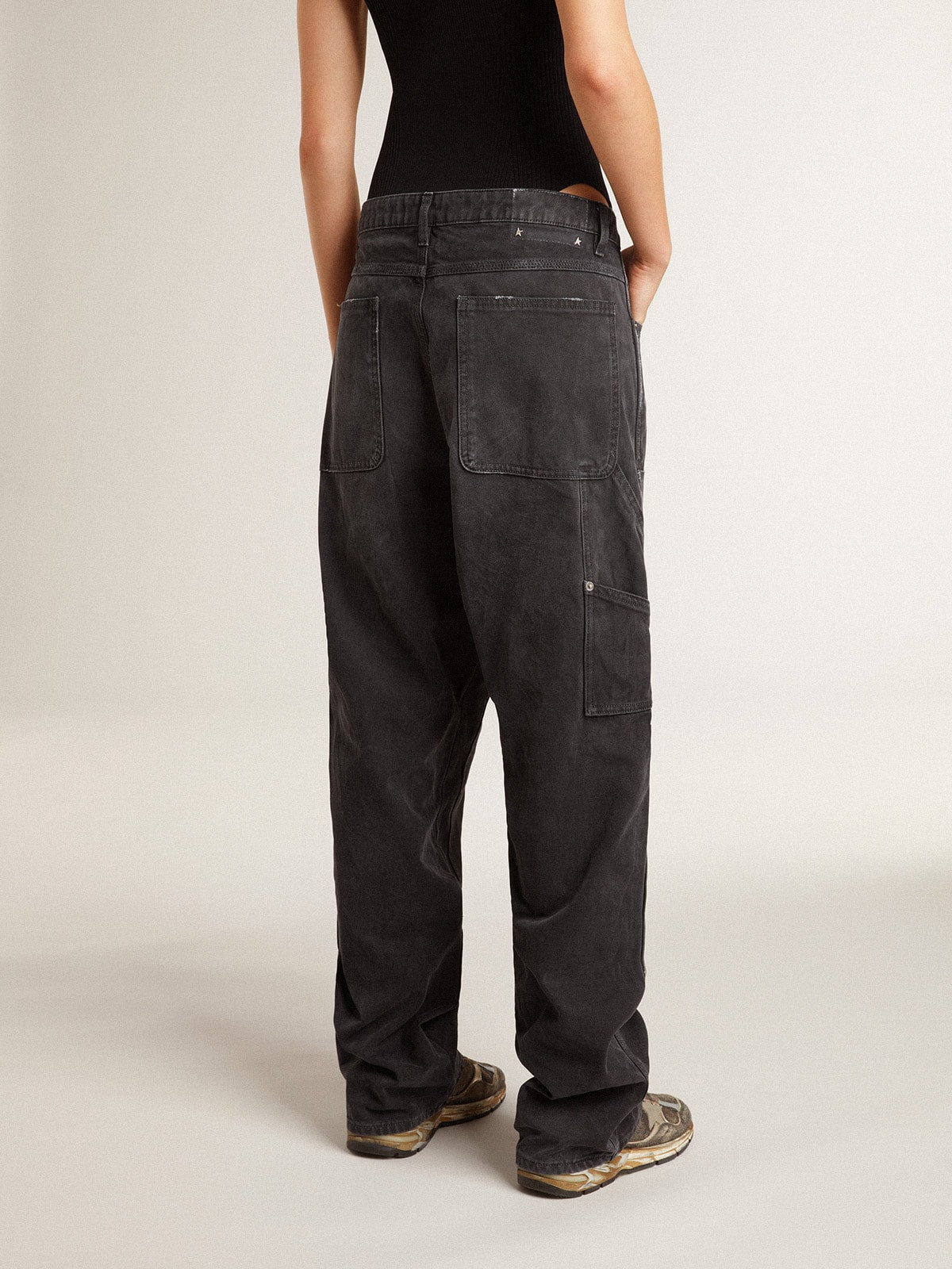 Women's distressed black cotton jeans with front patches| Golden Goose