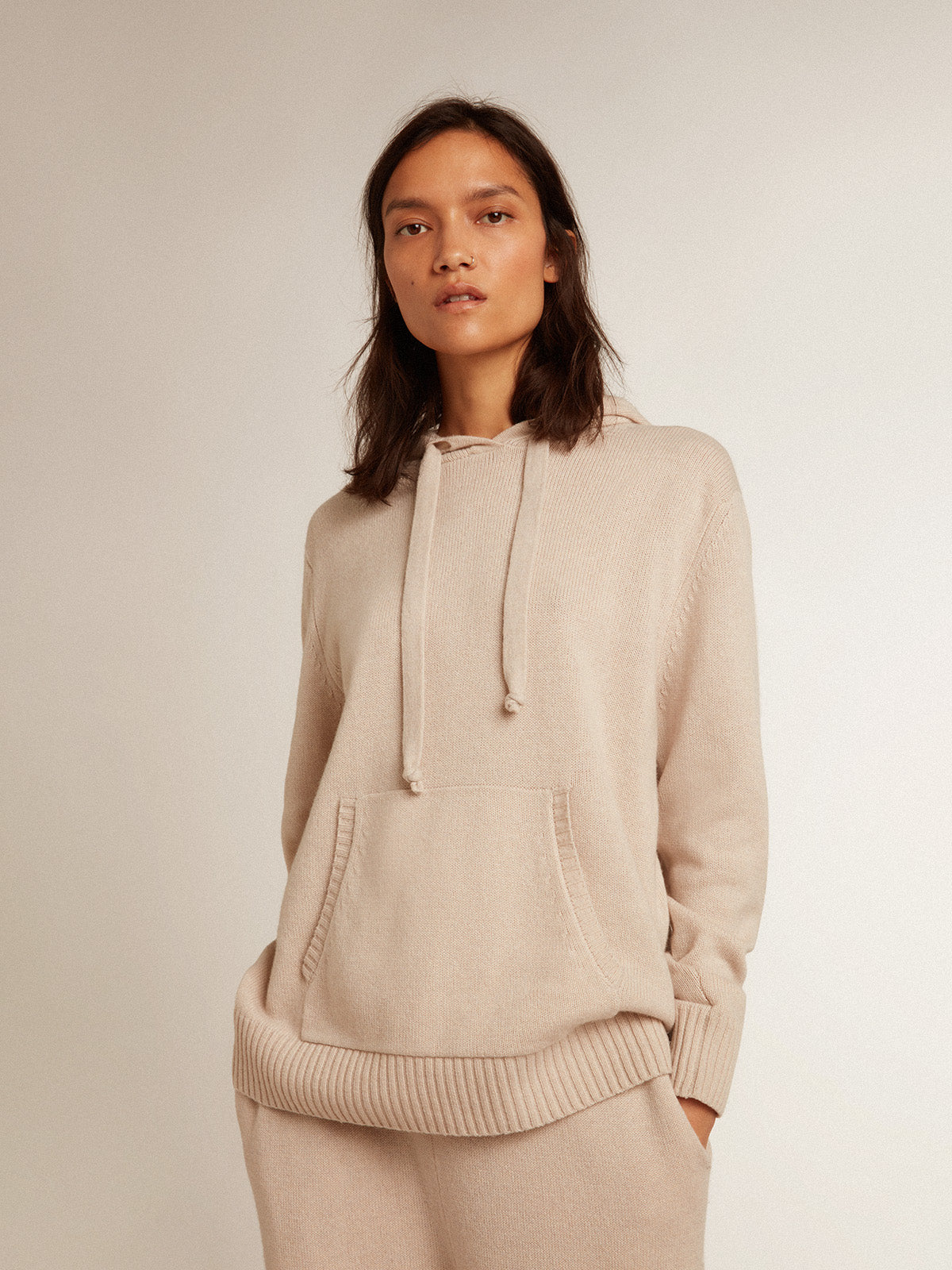 Women's white cashmere blend sweatshirt with hood| Golden Goose