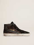 Slide in brown glitter with black leather star and flash| Golden Goose