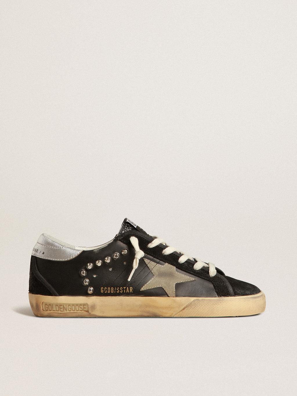 Men's Super-Star in black leather and suede with silver studs| Golden Goose