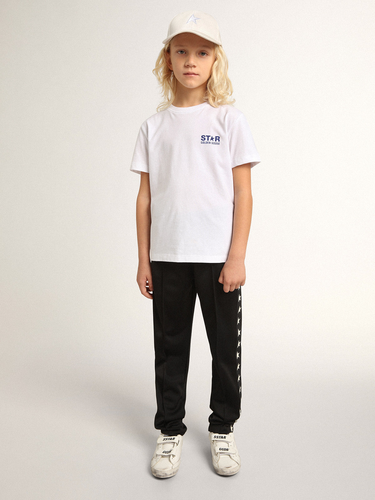 Boys' white T-shirt with contrasting dark blue logo and star| Golden Goose