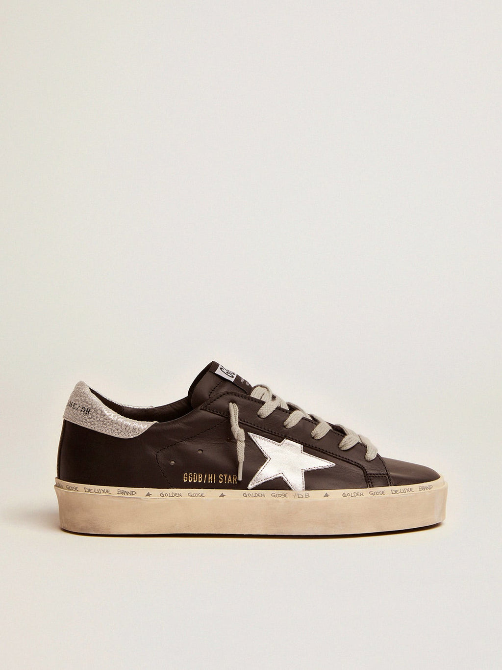 Women's Hi Star in black leather with silver laminated leather star| Golden Goose