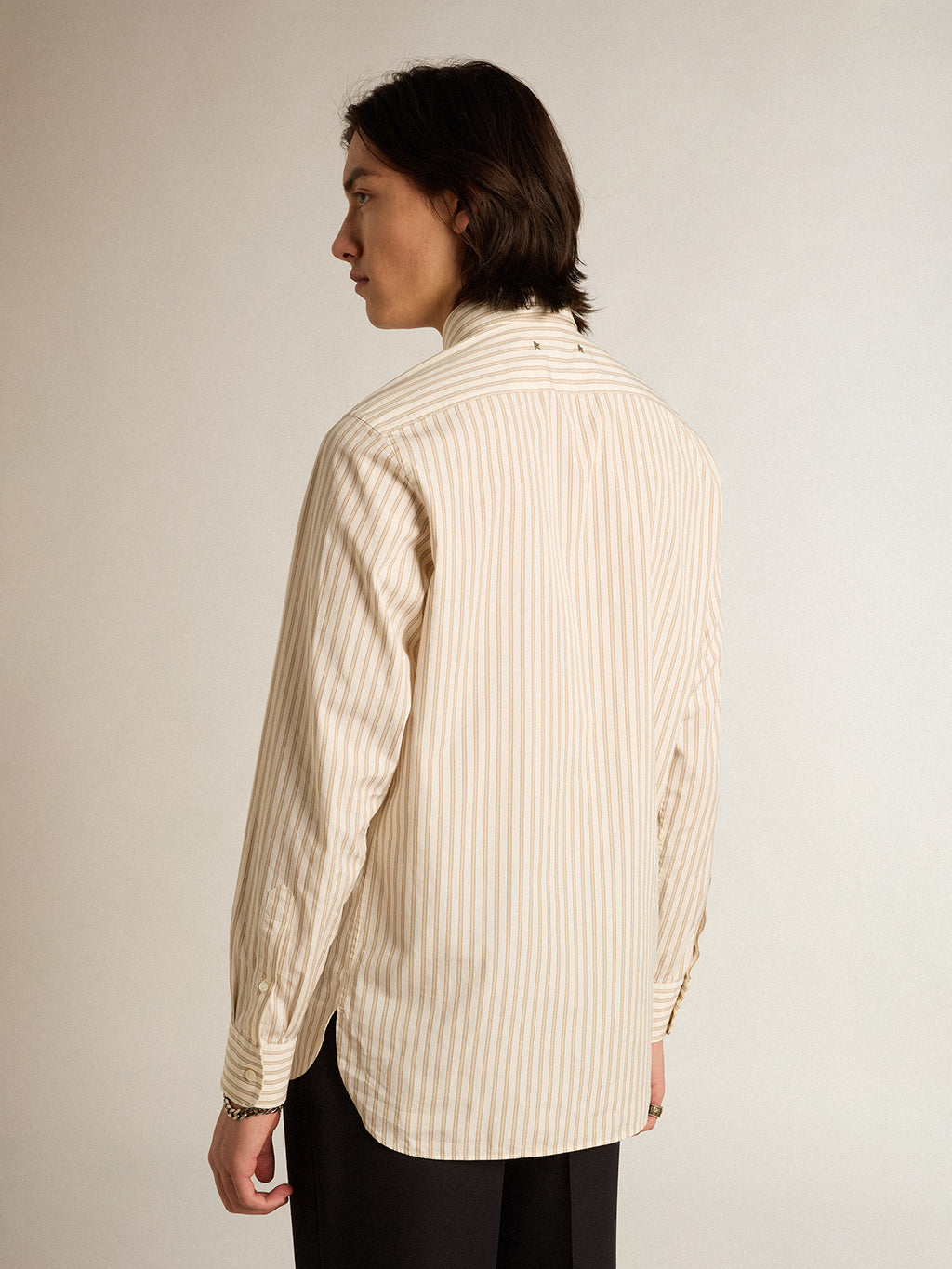 Men's white cotton shirt with beige stripes| Golden Goose