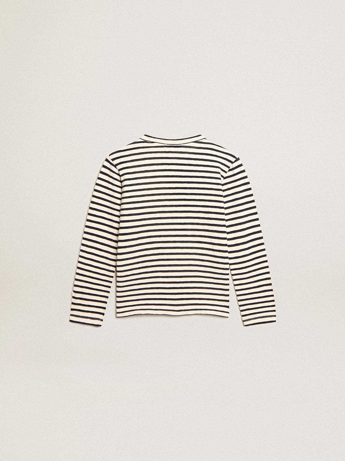 Boys' T-shirt with white and blue stripes and embroidery on the front| Golden Goose