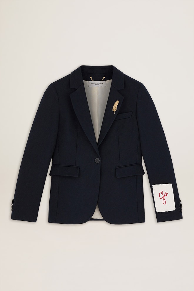 Women's single-breasted blazer in dark blue wool gabardine| Golden Goose