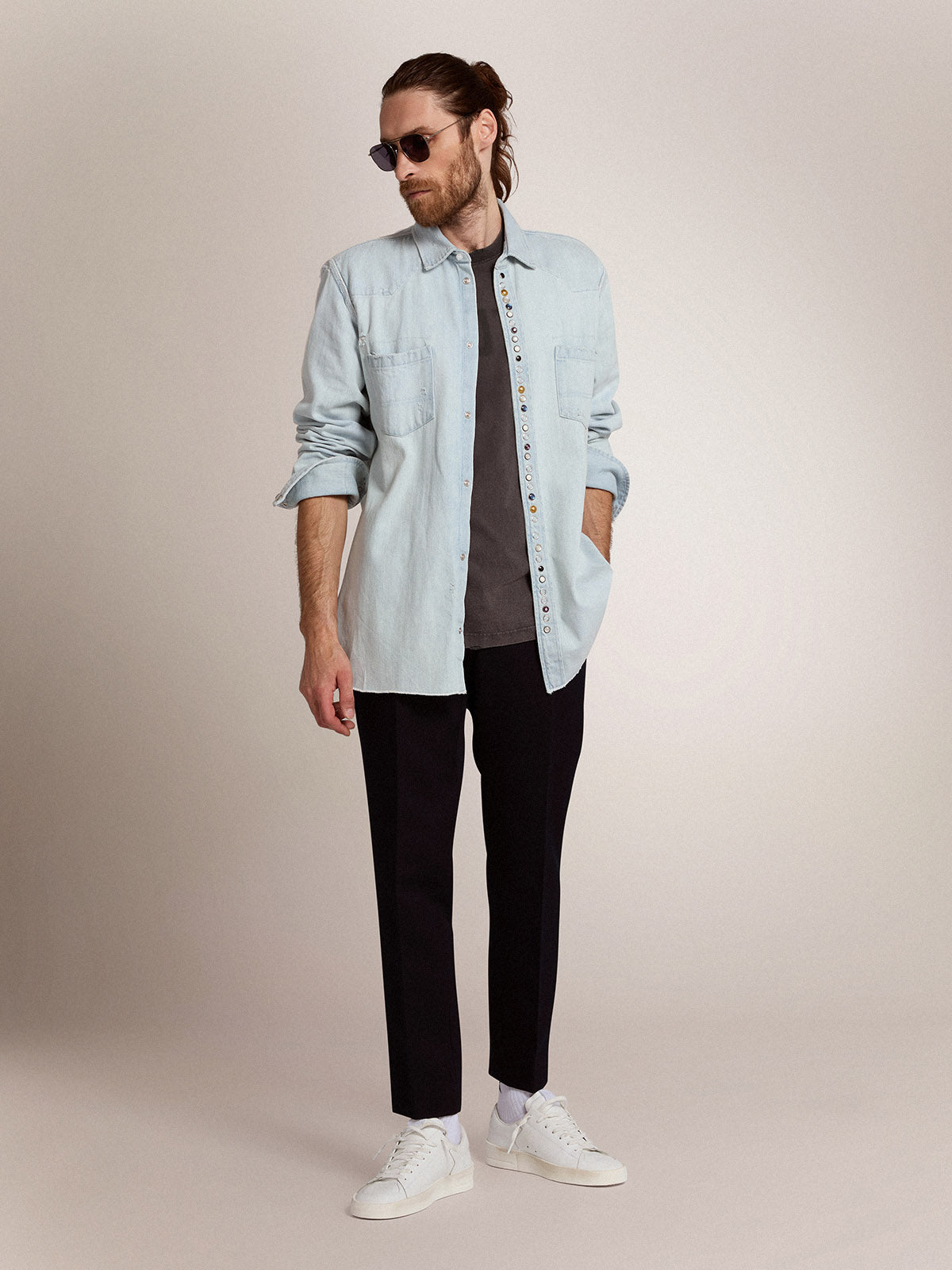 Men's anthracite gray T-shirt with distressed treatment| Golden Goose