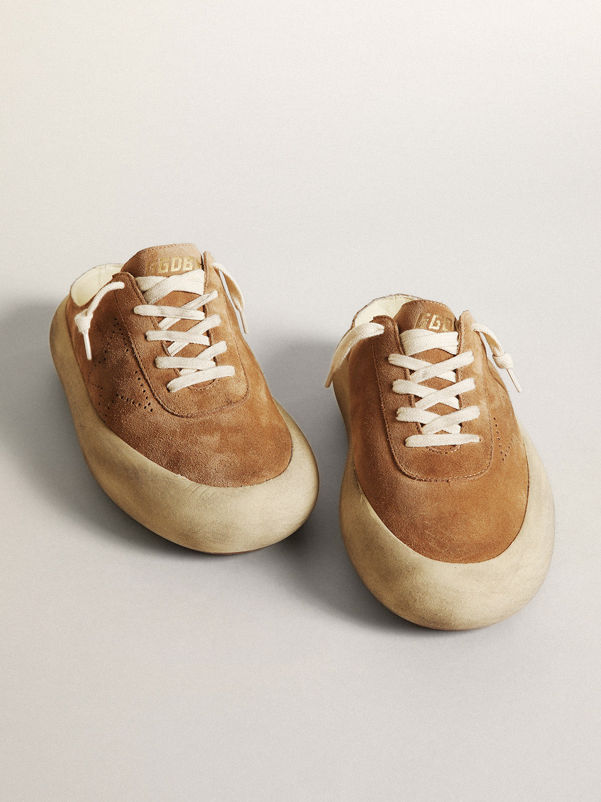 Women's Space-Star Sabot in tobacco-colored suede with perforated star| Golden Goose