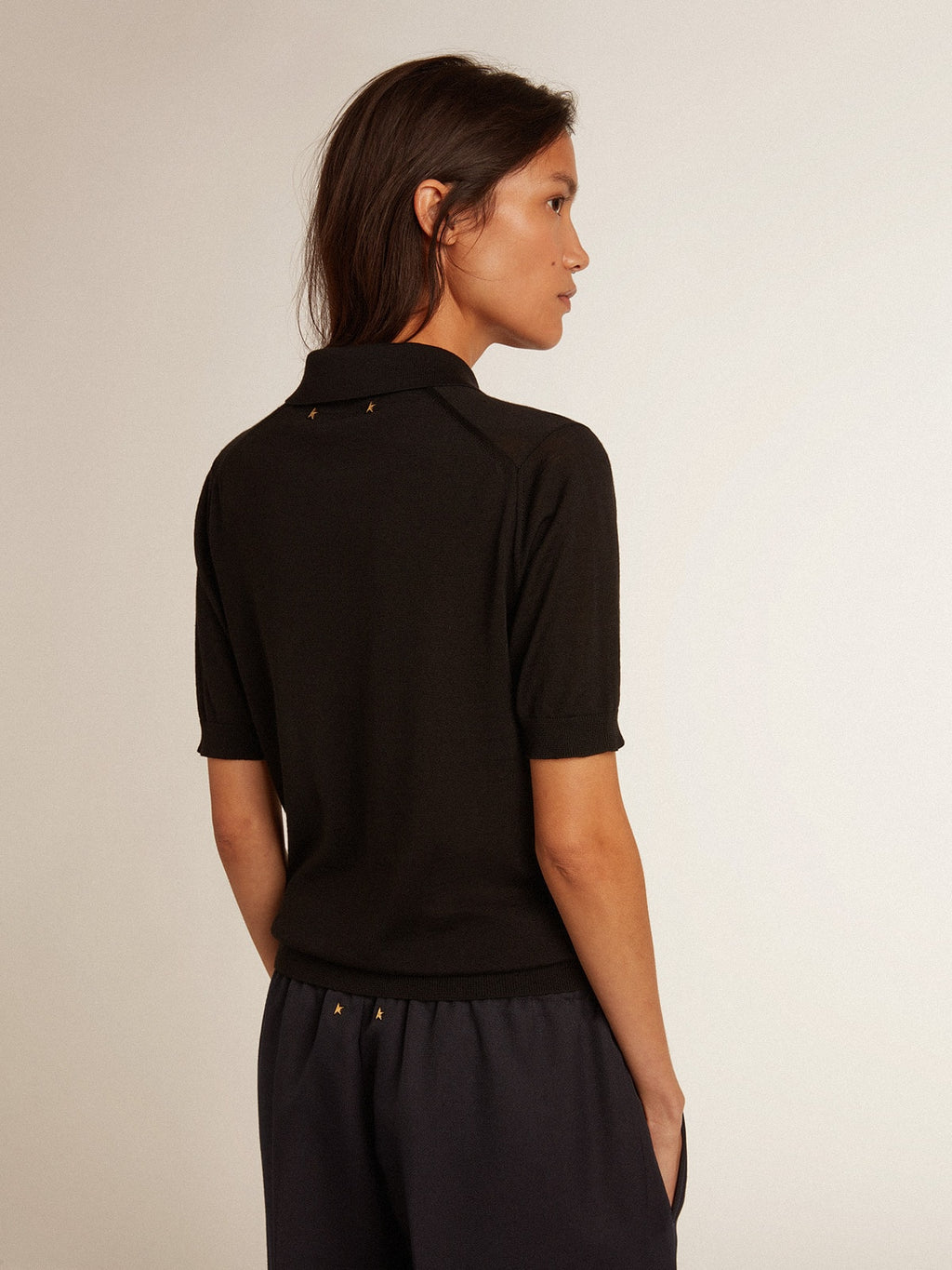 Women's polo shirt in black merino wool| Golden Goose