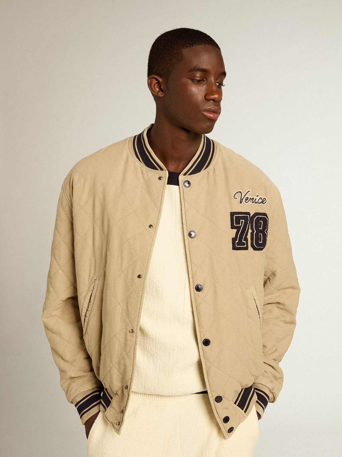Khaki-colored quilted cotton bomber jacket| Golden Goose