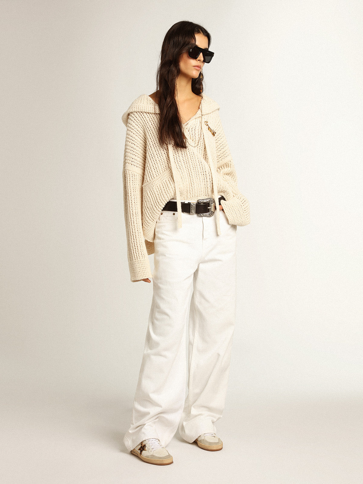 Hooded top in papyrus-colored cotton| Golden Goose