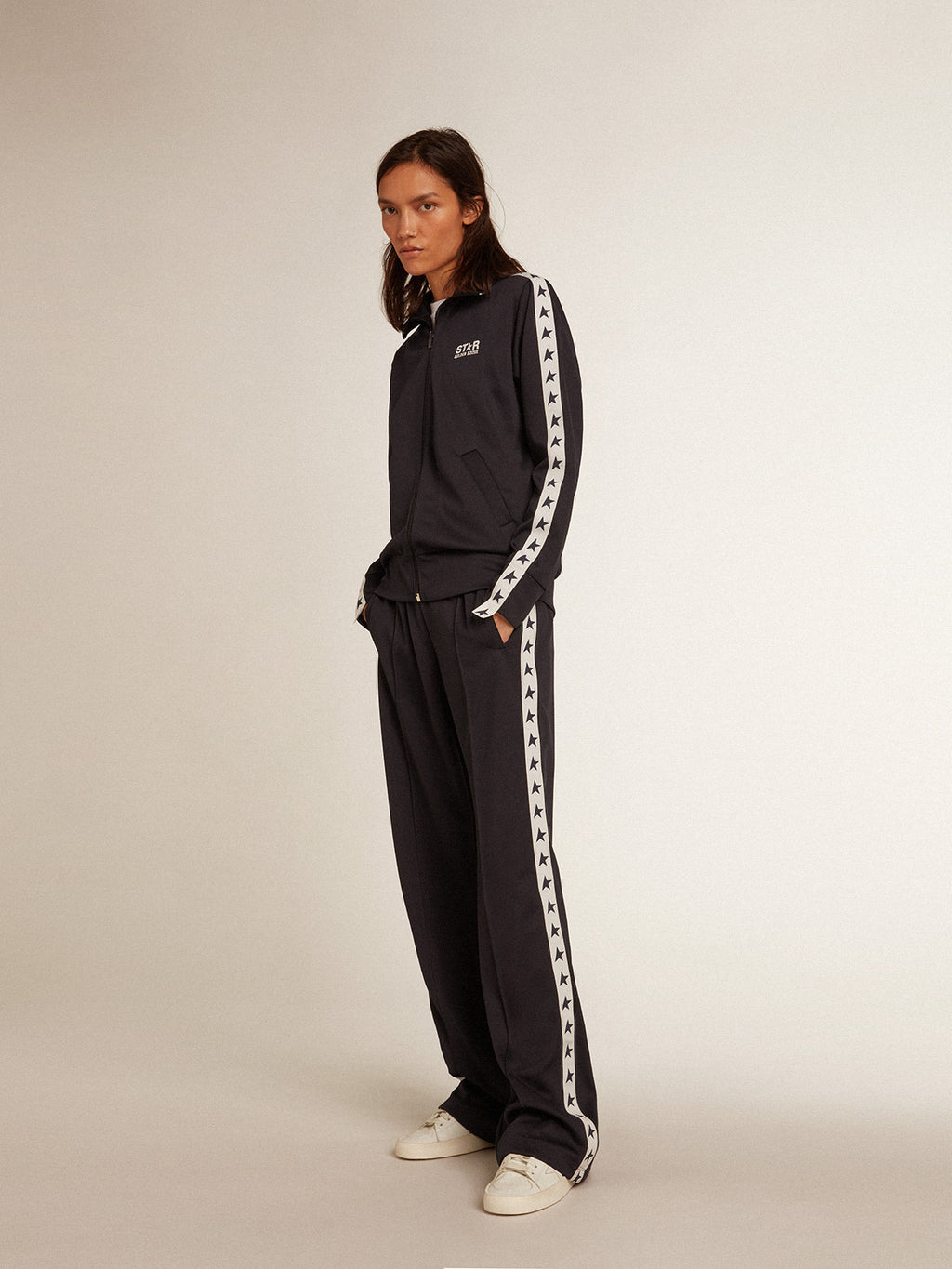Dark blue joggers with white strip and contrasting stars| Golden Goose