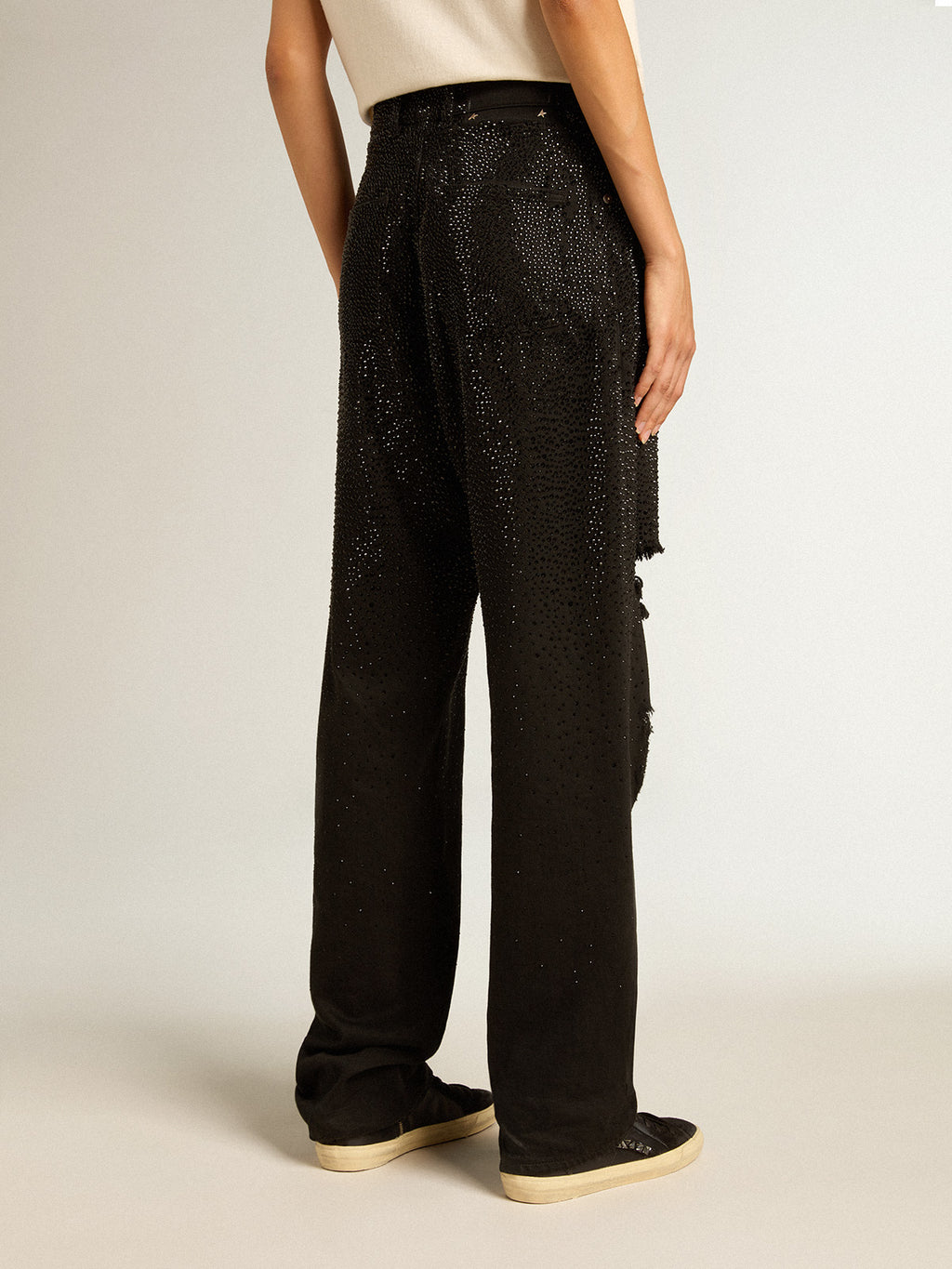 Women's cotton denim pants with shaded-effect crystal decoration| Golden Goose