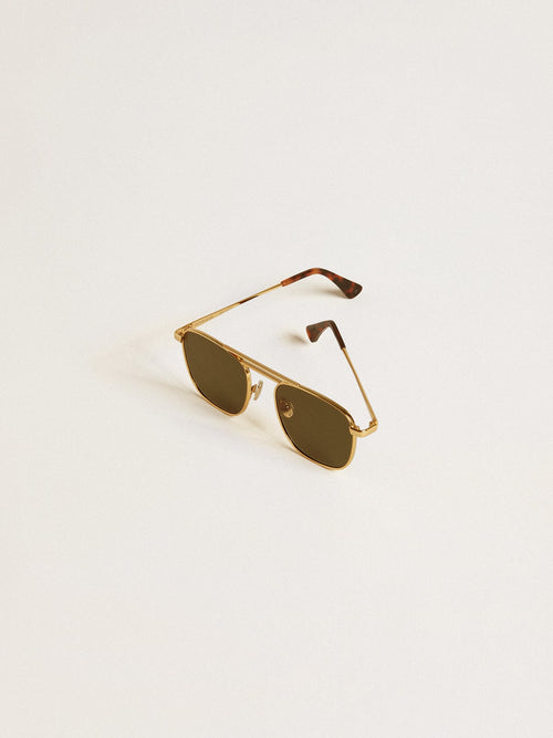 Aviator style sunglasses with gold frame and green lenses| Golden Goose