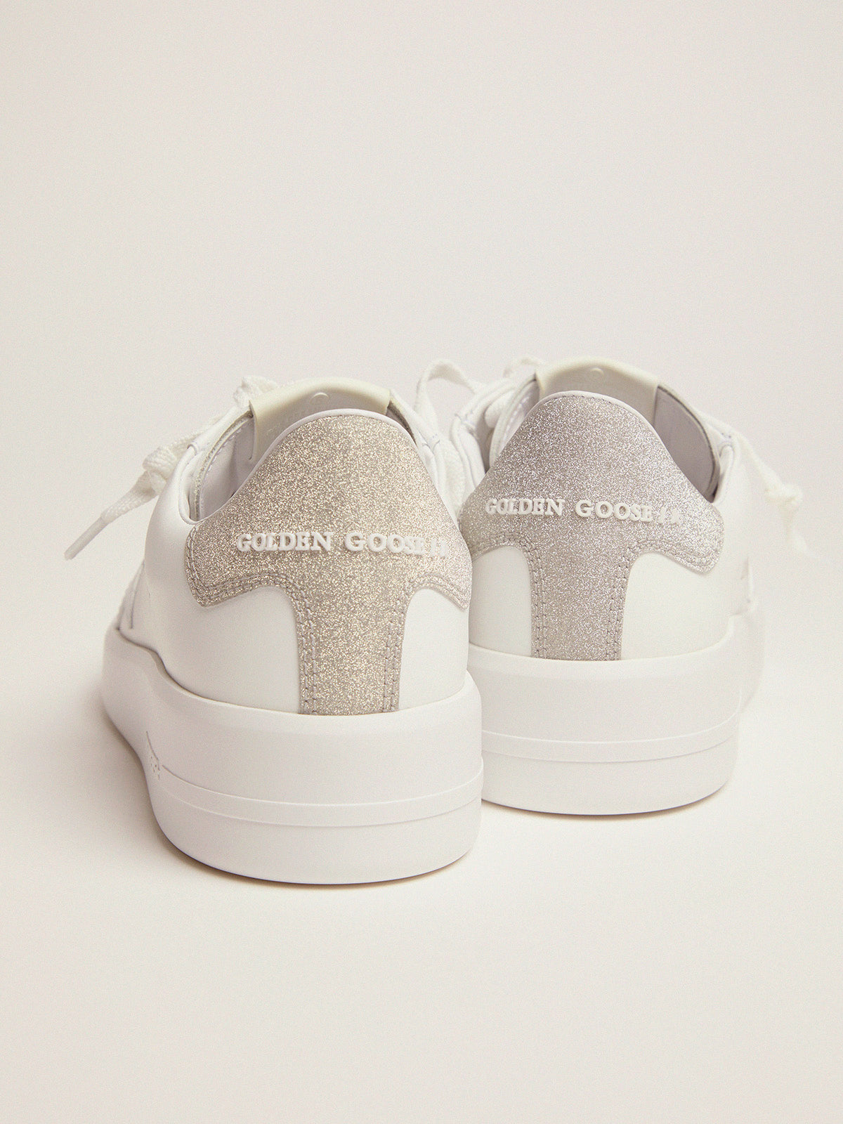 Purestar sneakers in white leather with champagne glitter heel tab| Golden Goose